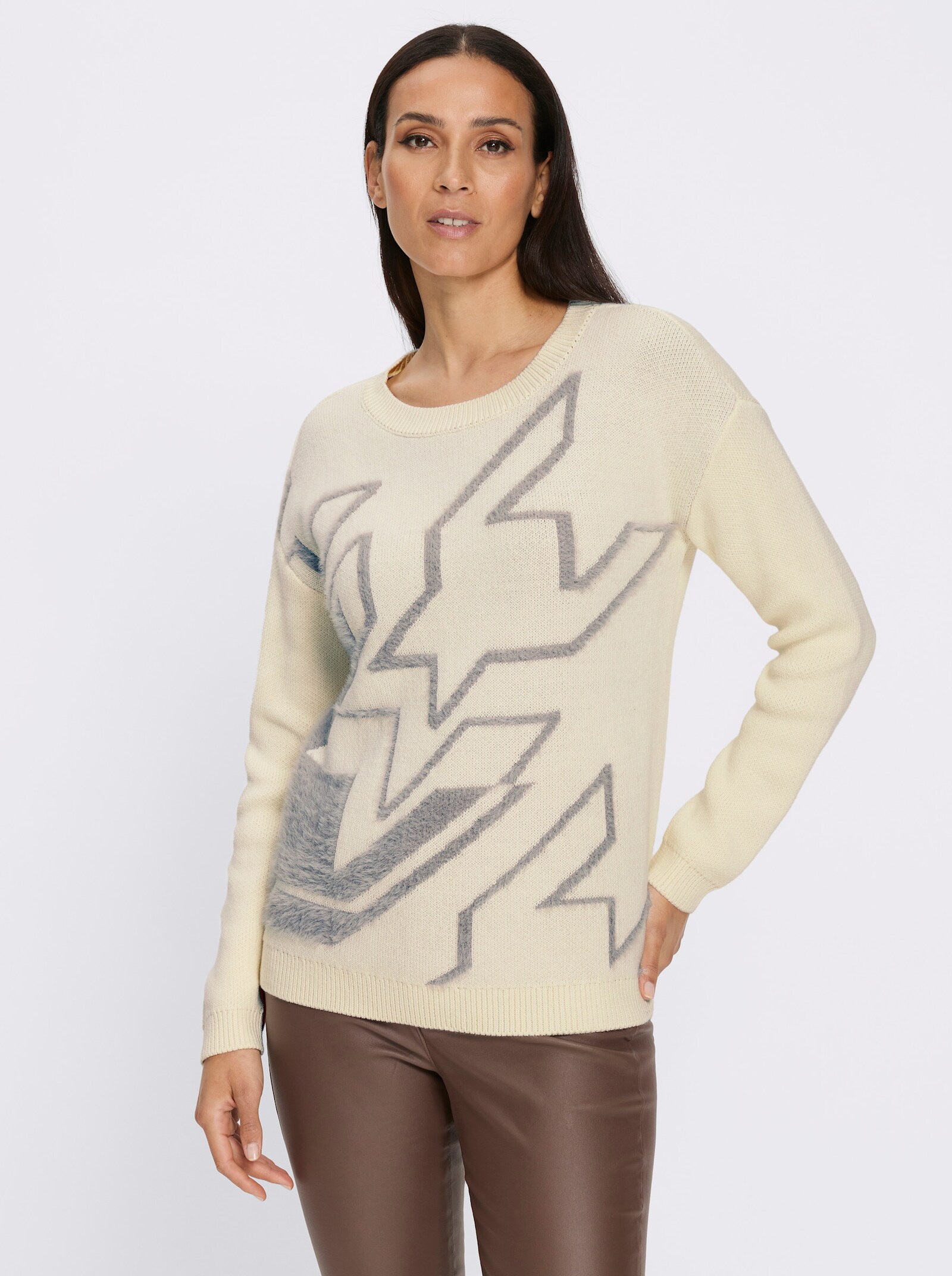 heine Langarm-Pullover Mit Flauschgarn - steingrau-champagner-gemustert