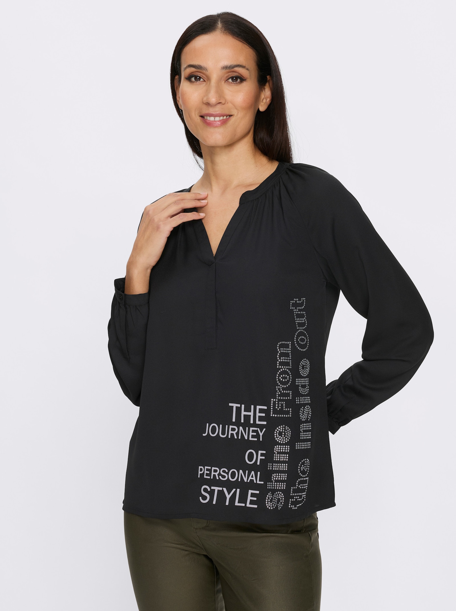 heine Schlupfbluse mit Schriftzug - schwarz-ecru