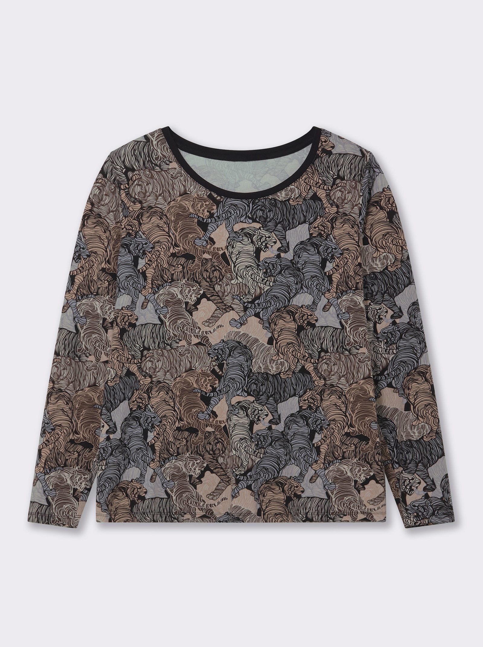 Langarmshirt mit kontrastfarbiger Paspel - schwarz-sand-bedruckt