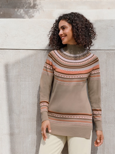 Jacquard-Pullover mit Seitenschlitzen - sesam-braun-gemustert