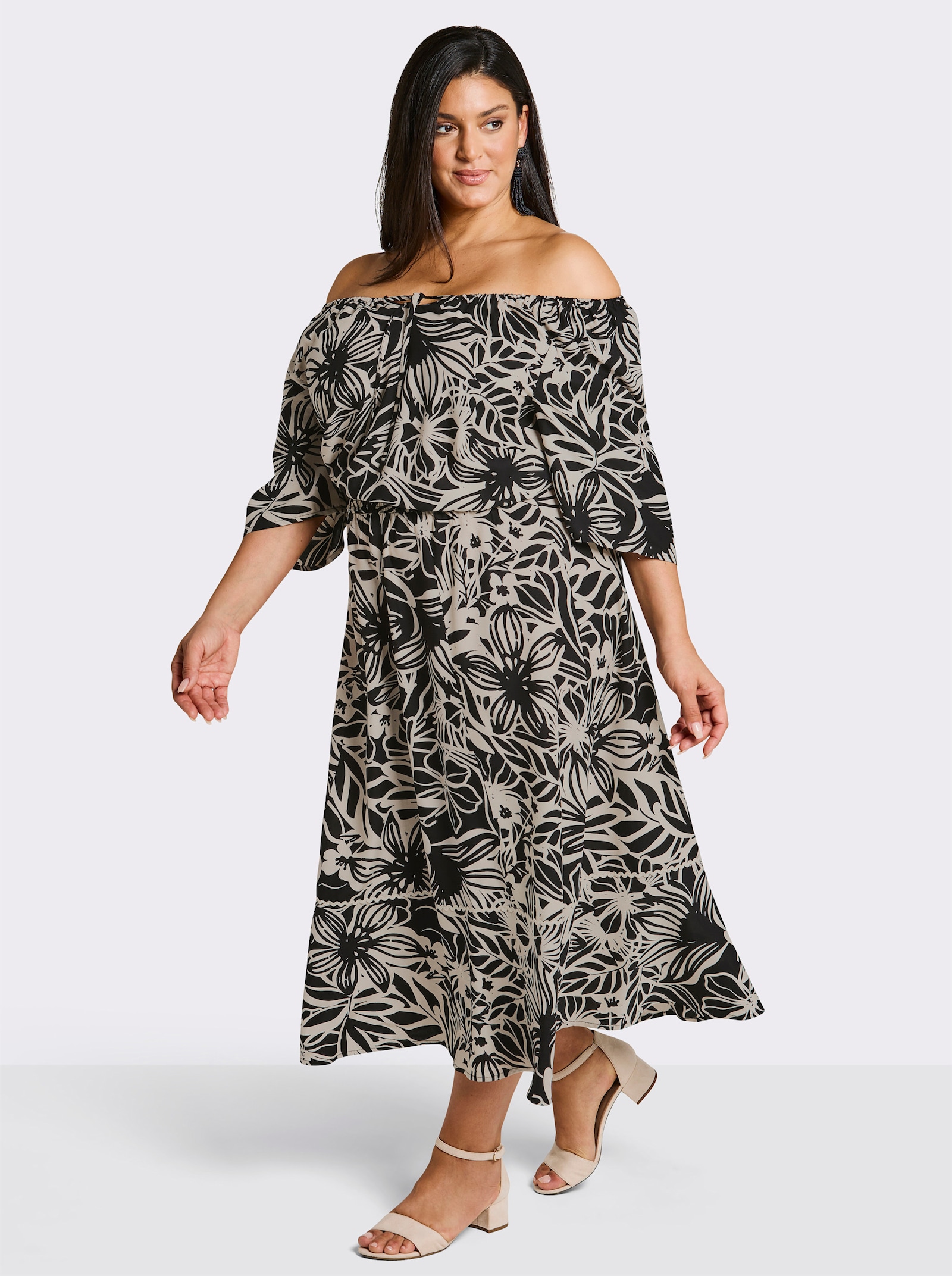 sheego Maxikleid mit floralem Alloverdruck - schwarz-sand-bedruckt