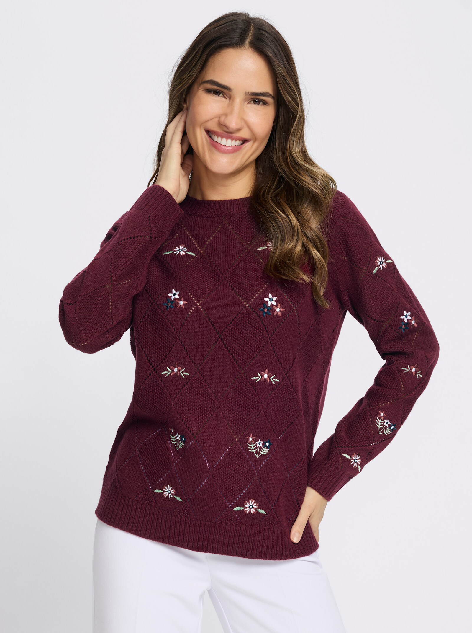 Ajourpullover mit floraler Stickerei - bordeaux