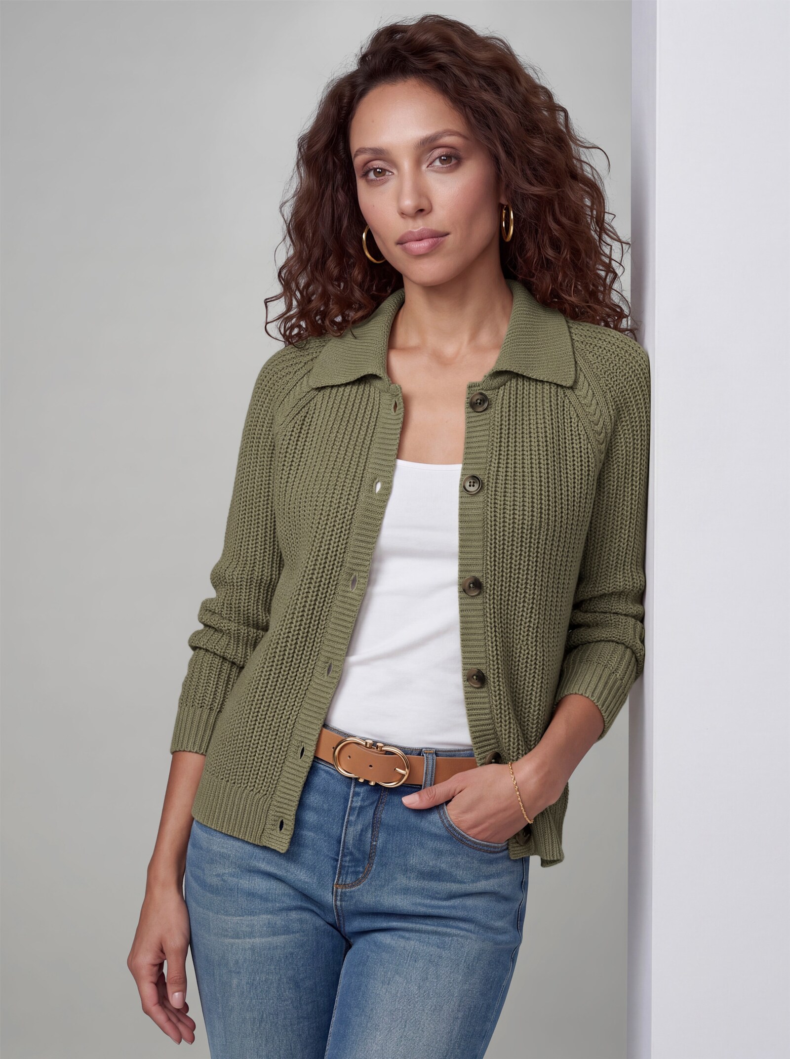 heine Strickjacke mit Polokragen - khaki