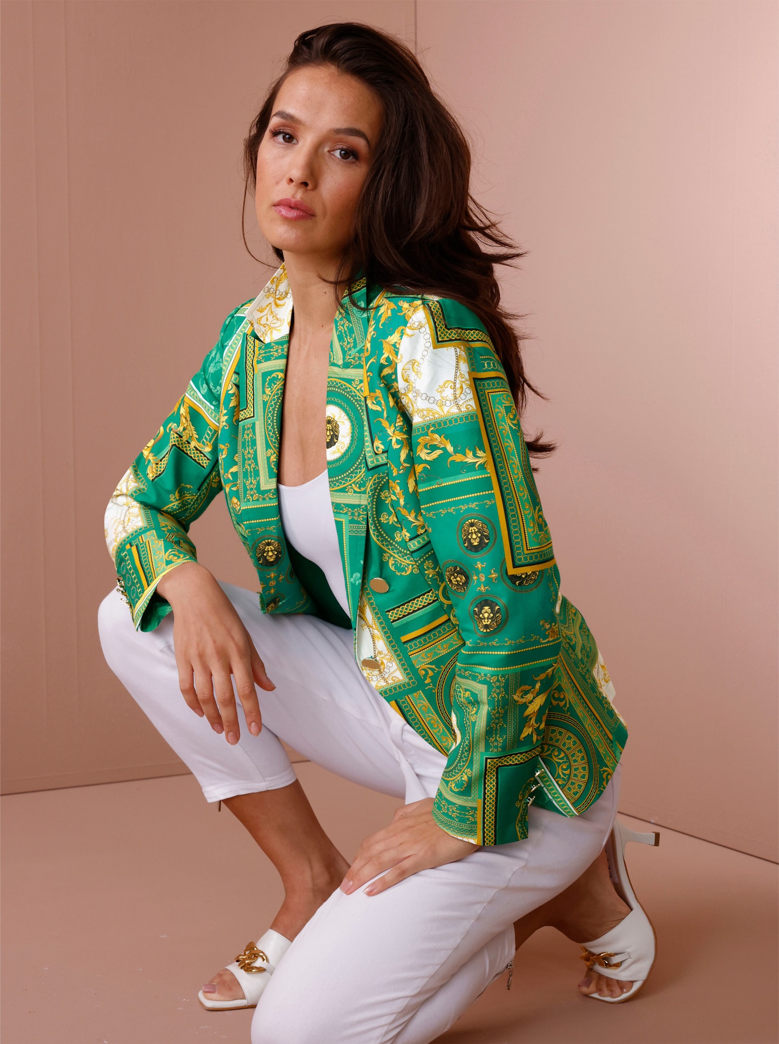 CREATION L PREMIUM Blazer im Mix aus Baumwolle und Seide - grün-gelb-bedruckt