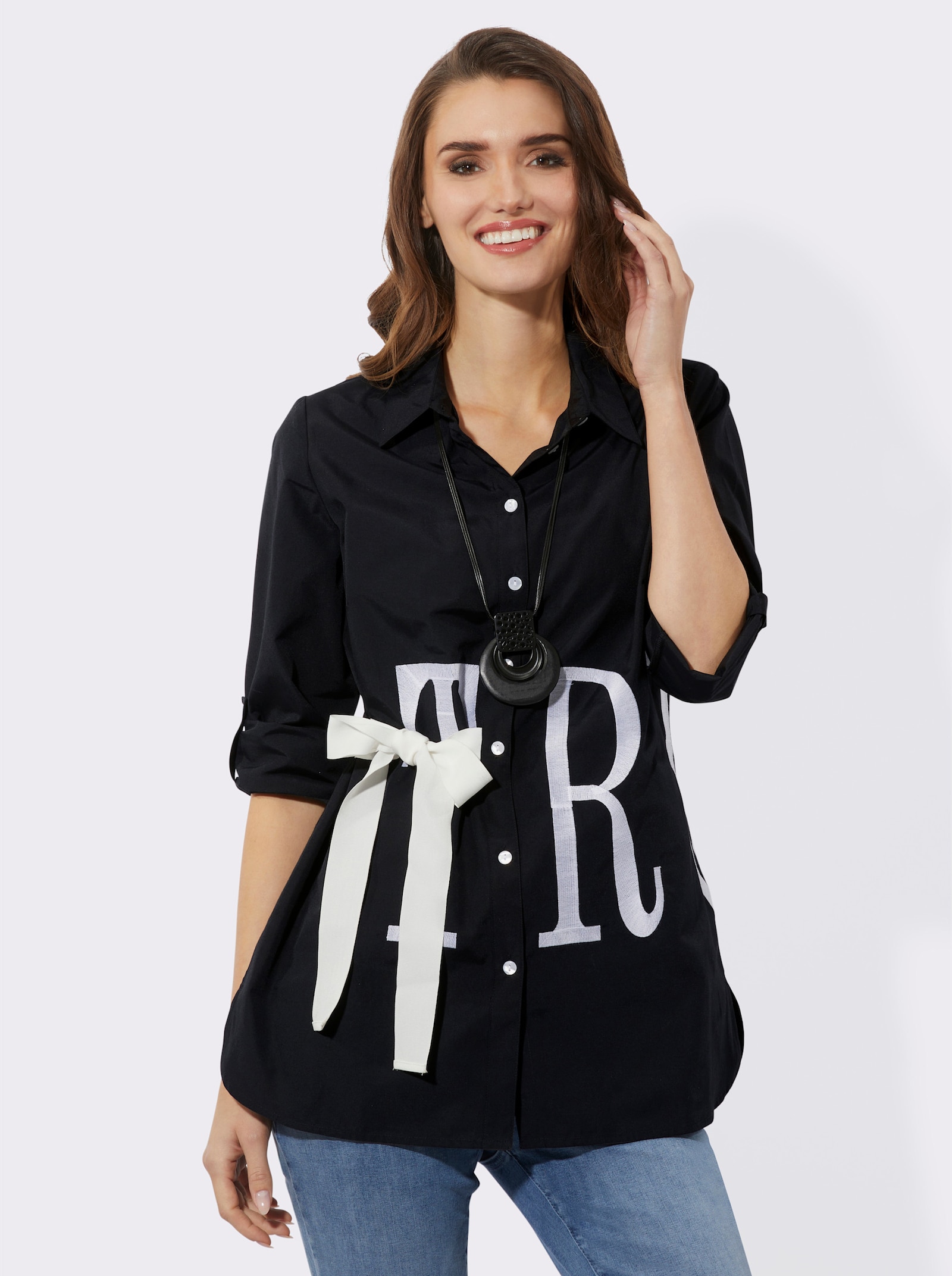 Longbluse mit Stickerei-Schriftzug - schwarz-weiß