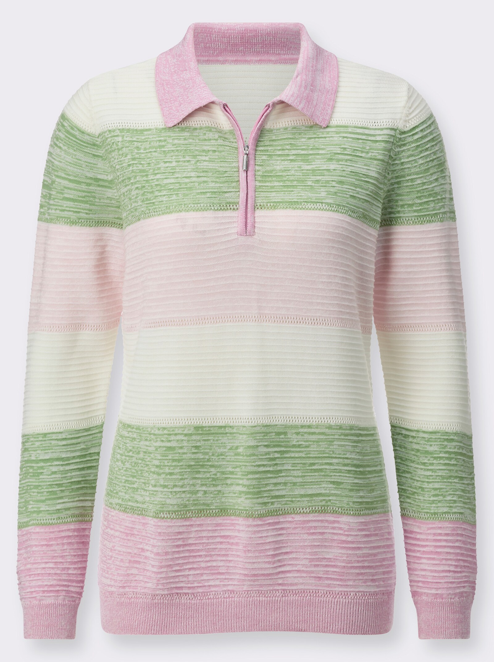  Polopullover im Strickmuster-Mix, geringelt - rosé-eucalyptus-geringelt