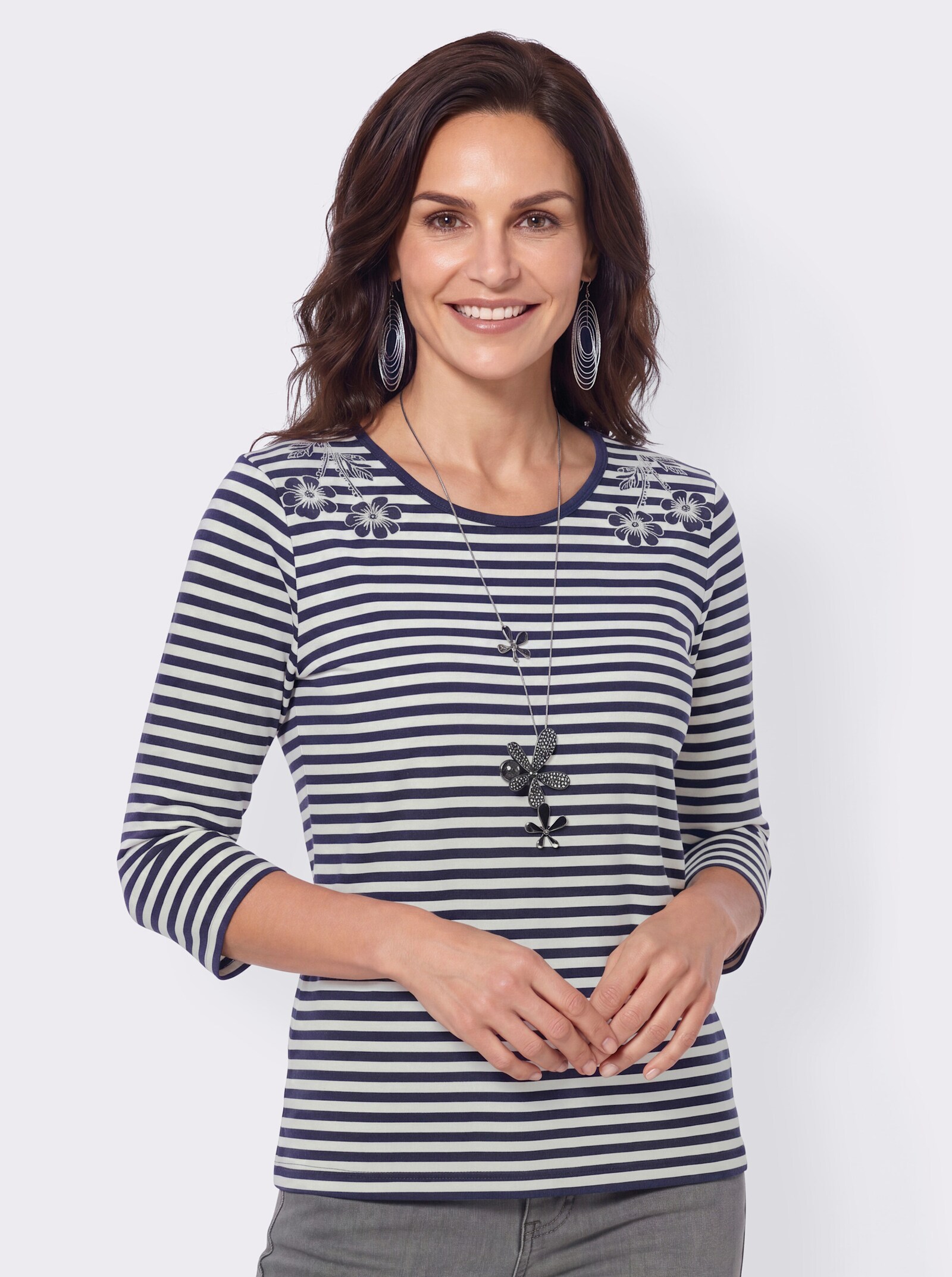 Rundhalsshirt mit Ringeln und Stickerei - marine-ecru-geringelt