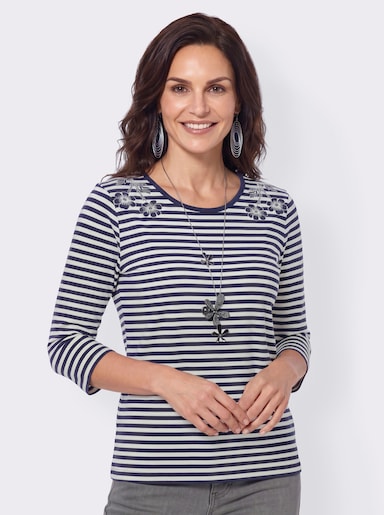 Rundhalsshirt mit Ringeln und Stickerei - marine-ecru-geringelt