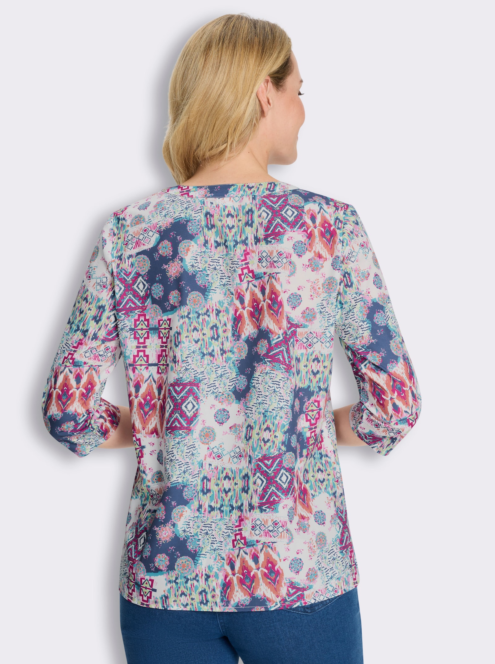 Schlupfbluse mit Patchwork-Muster - jeansblau-magenta-bedruckt
