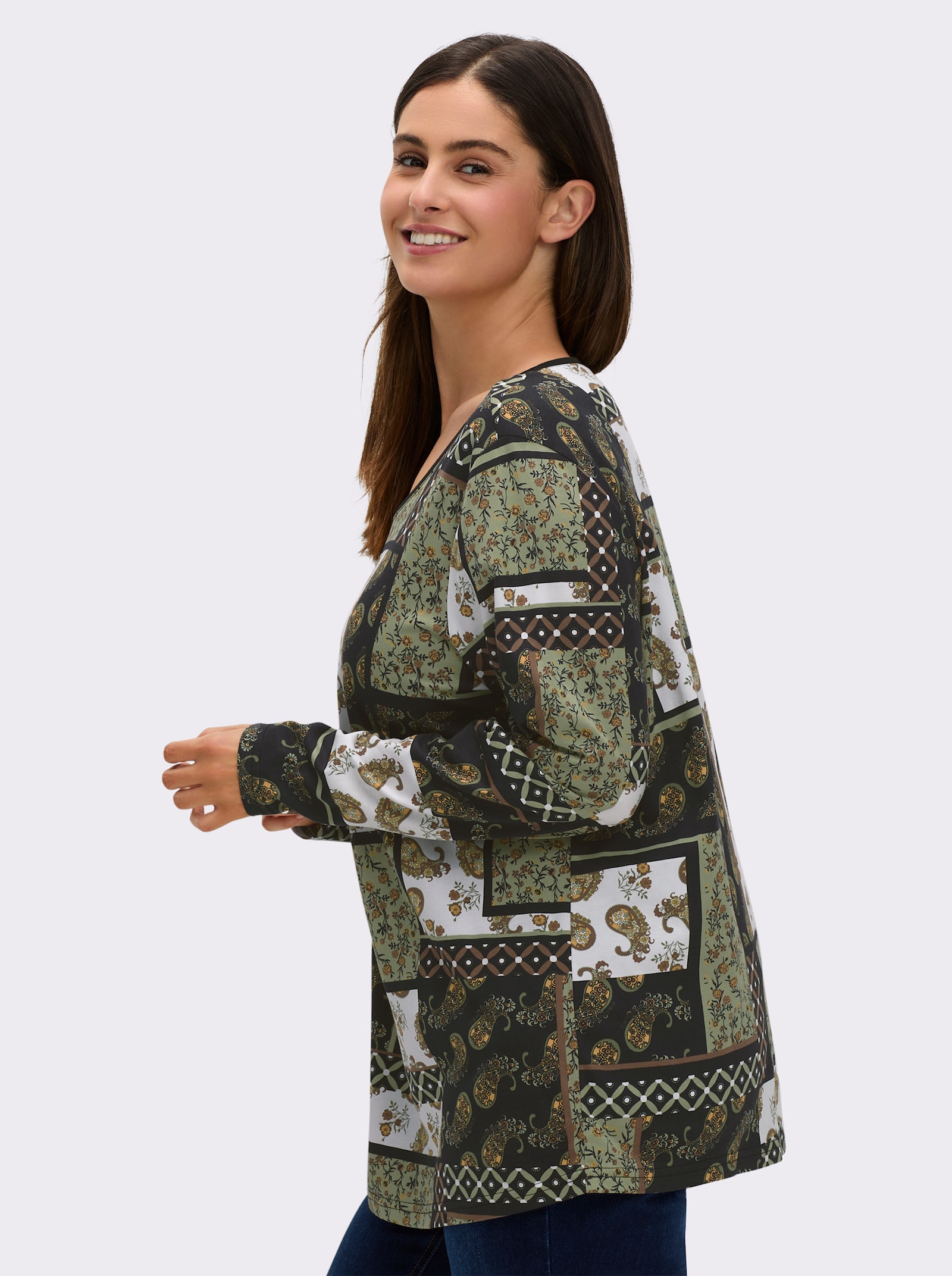 Langarmshirt im Patchwork-Dessin - oliv-bedruckt