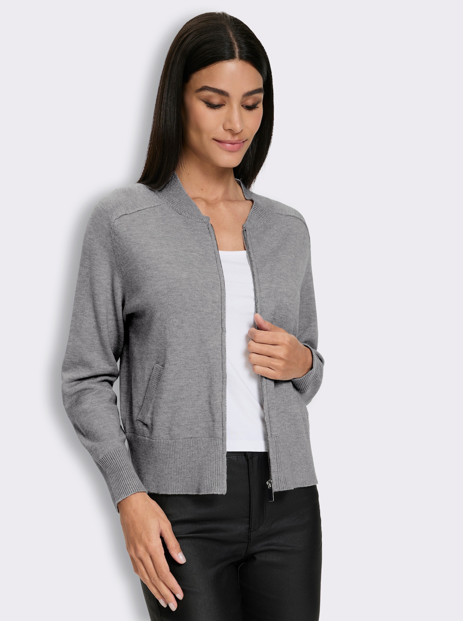 heine Feinstrickjacke mit Patches - steingrau-meliert