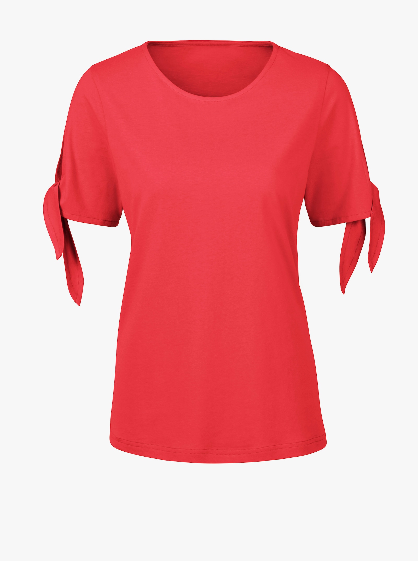 Kurzarmshirt mit Bindeband am Ärmel - korallenrot
