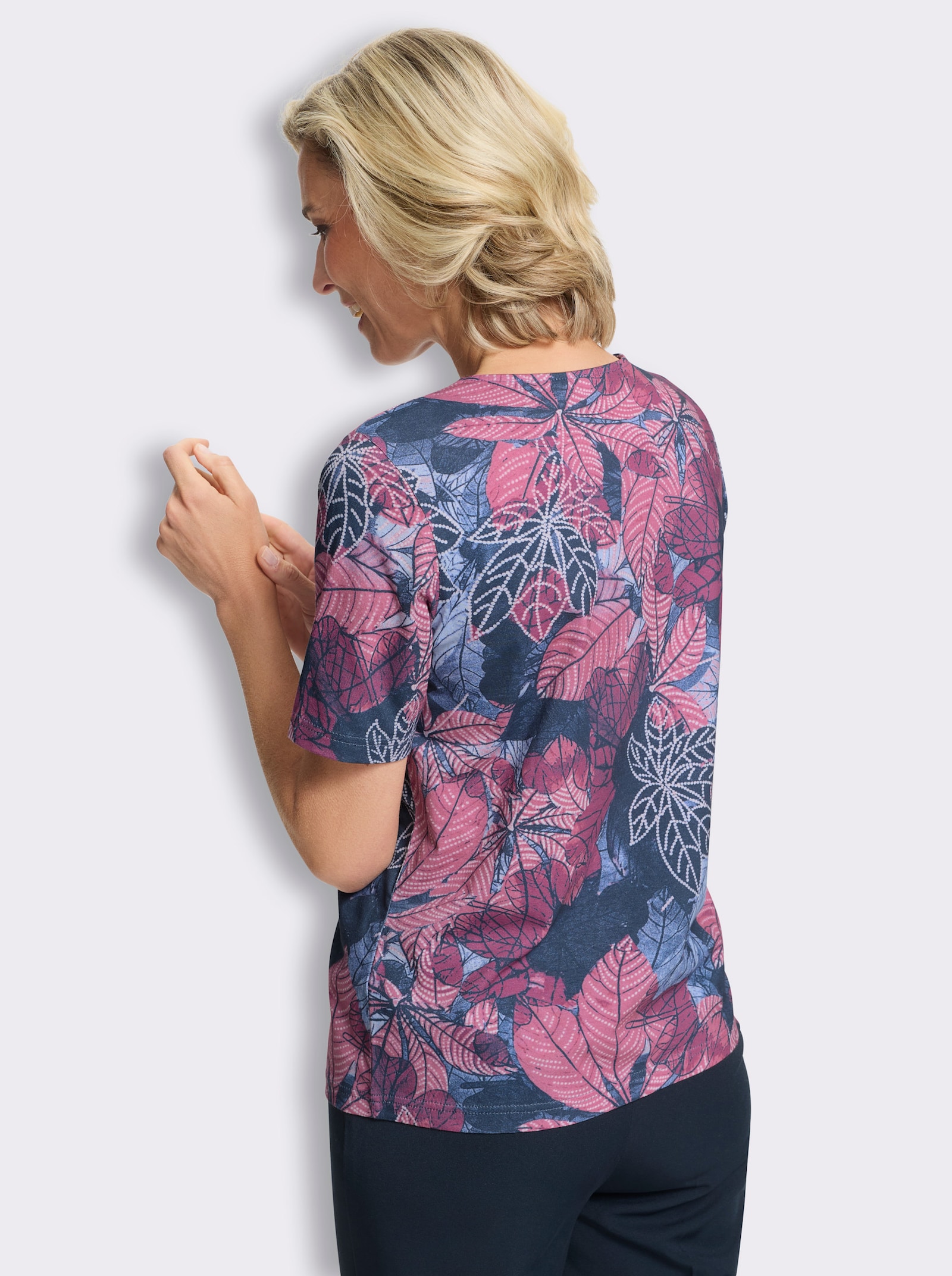 Shirt met ronde hals en bladpatroon rondom - jeansblauw/oudroze bedrukt