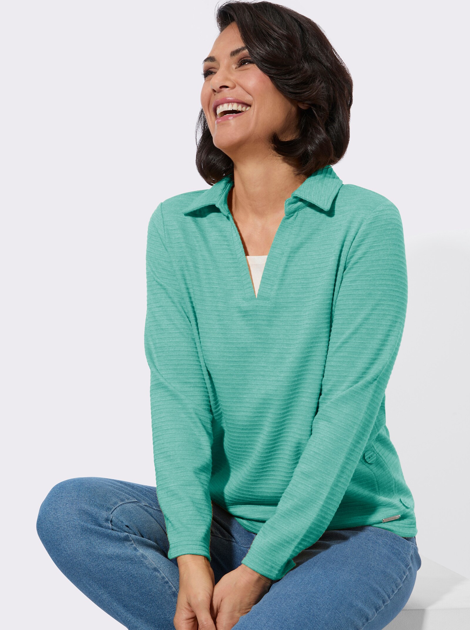 Poloshirt mit seitlicher Knopfleiste - smaragd-meliert