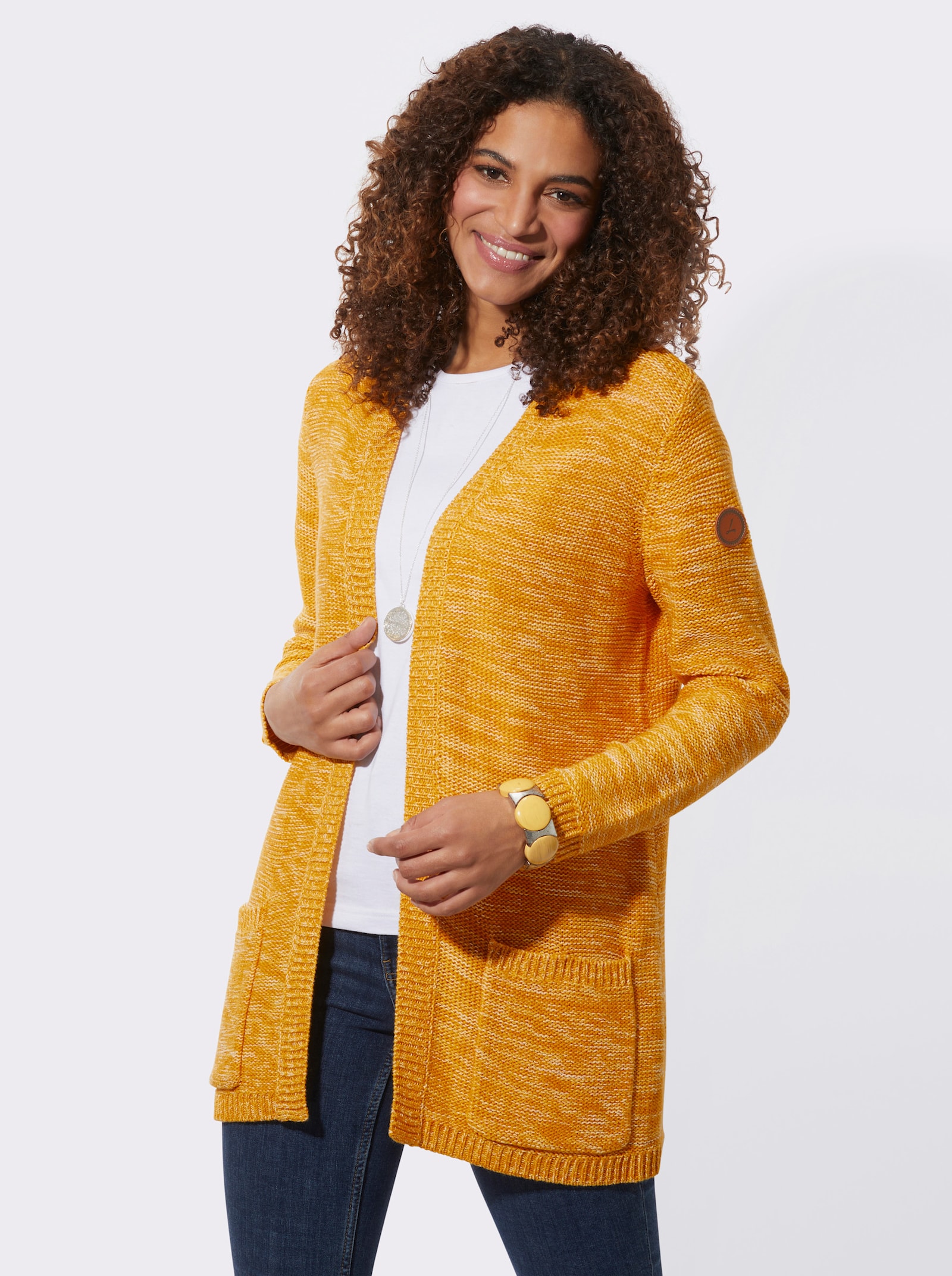 Strickjacke in Longform, meliert - ocker-meliert