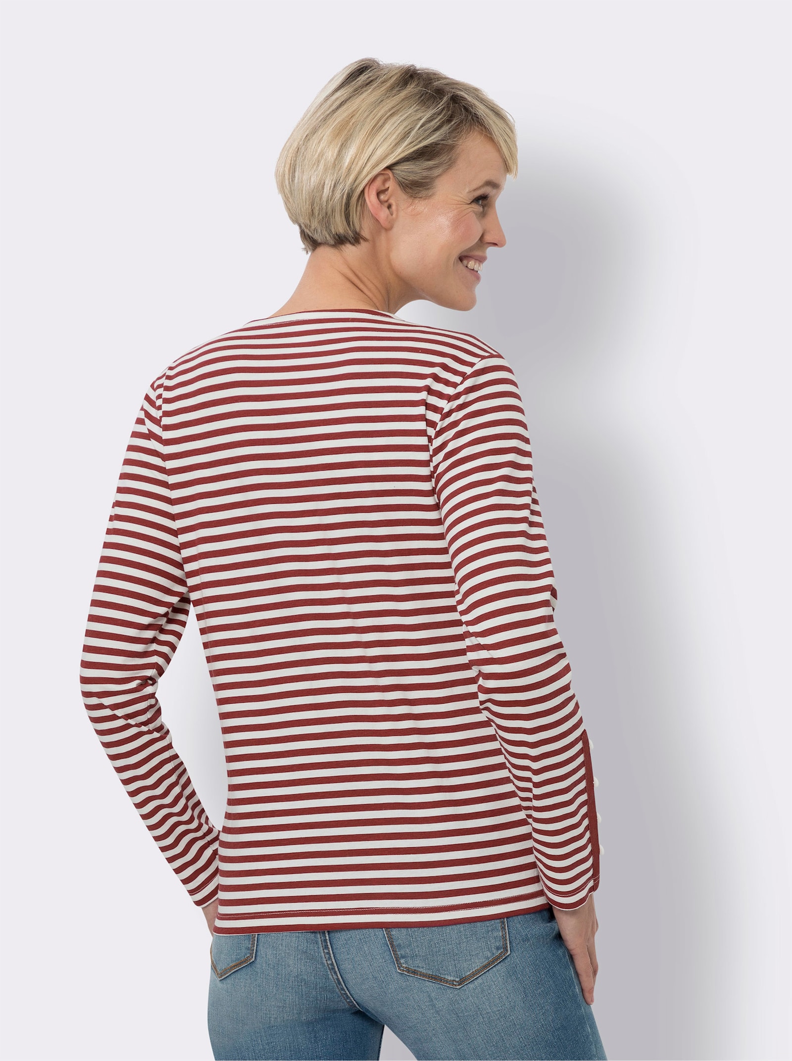 Gestreept shirt met sierknopen - kers/champagne gestreept