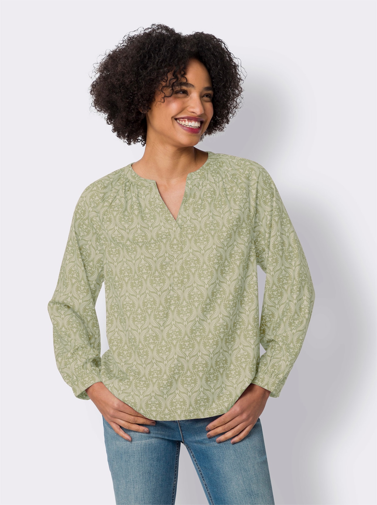heine Comfortabele blouse - zand/lindegroen bedrukt