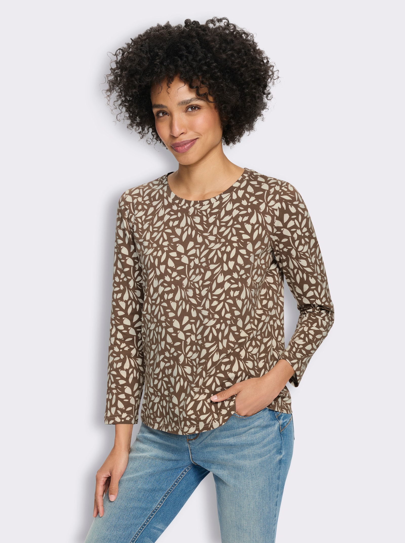 heine Langarmshirt mit Blätter-Dessin - braun-champagner-bedruckt