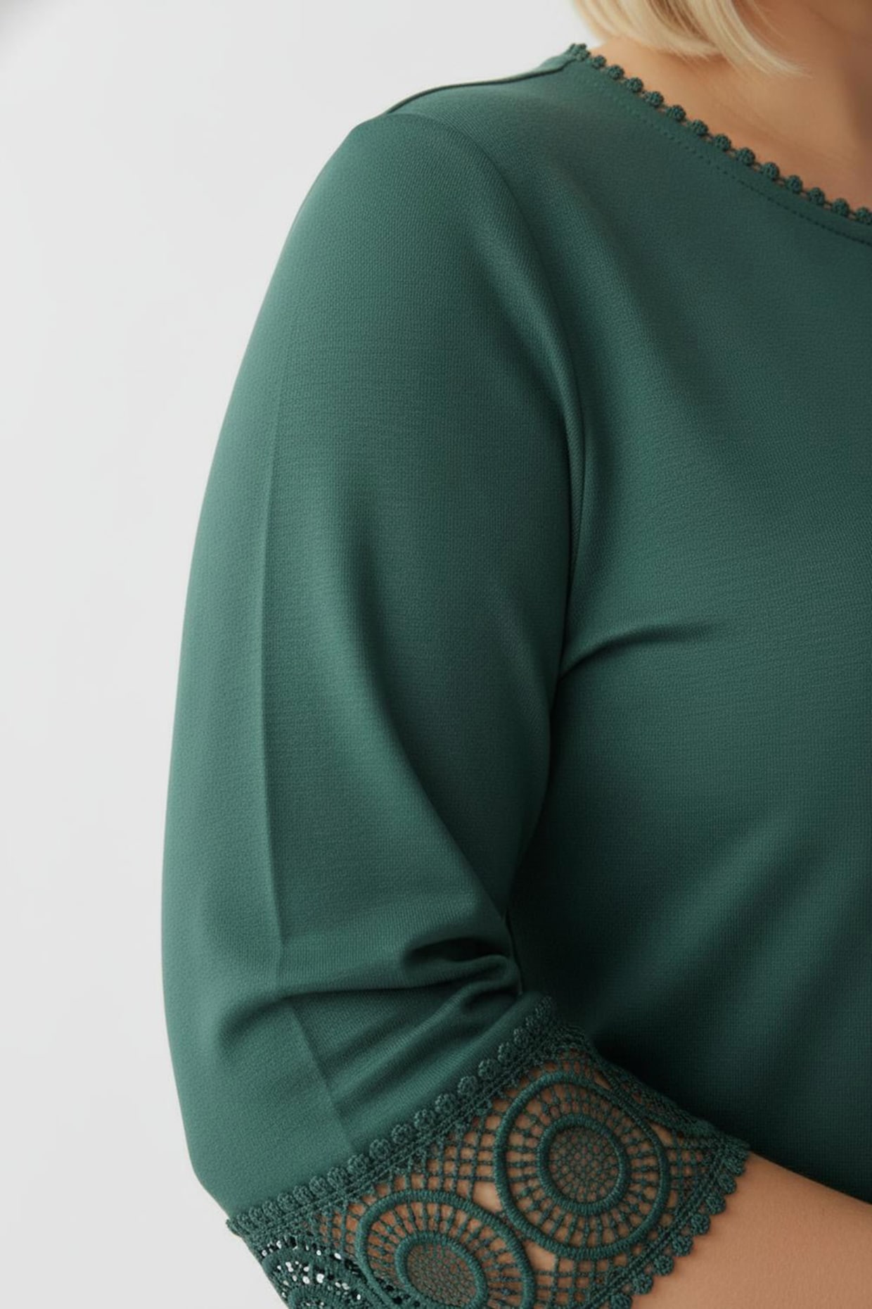 CREATION L PREMIUM 3/4-Arm-Shirt mit Spitzenbordüre an Ausschnitt und Ärmeln - dunkelgrün