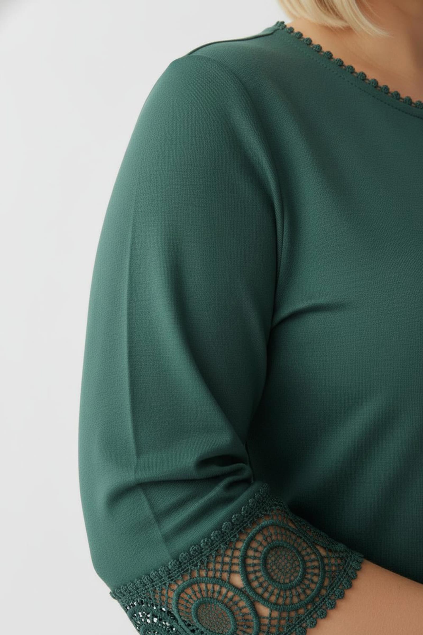 CREATION L PREMIUM 3/4-Arm-Shirt mit Spitzenbordüre an Ausschnitt und Ärmeln - dunkelgrün