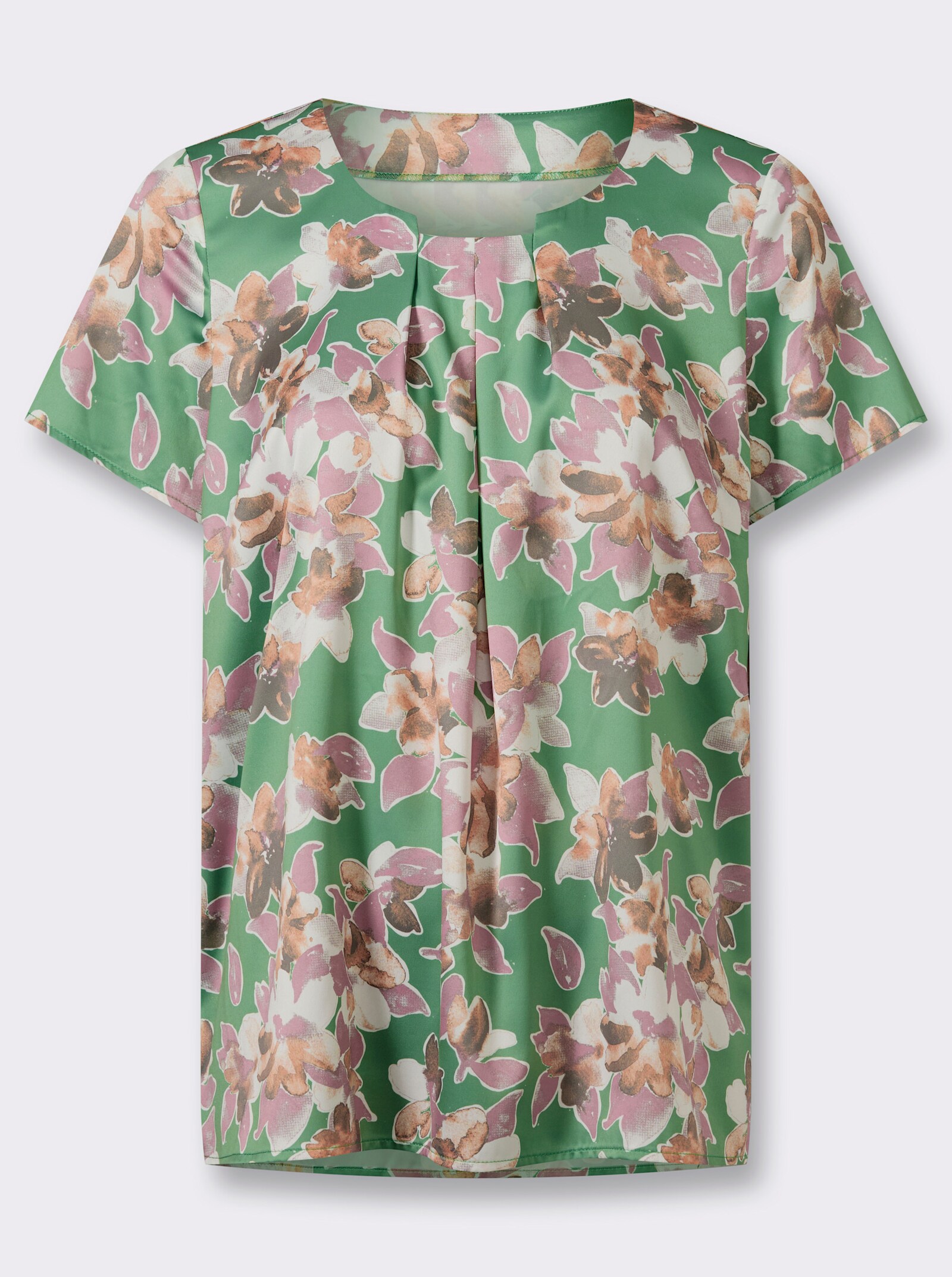 Schlupfbluse in Satin-Qualität - eucalyptus-rosenquarz-bedruckt