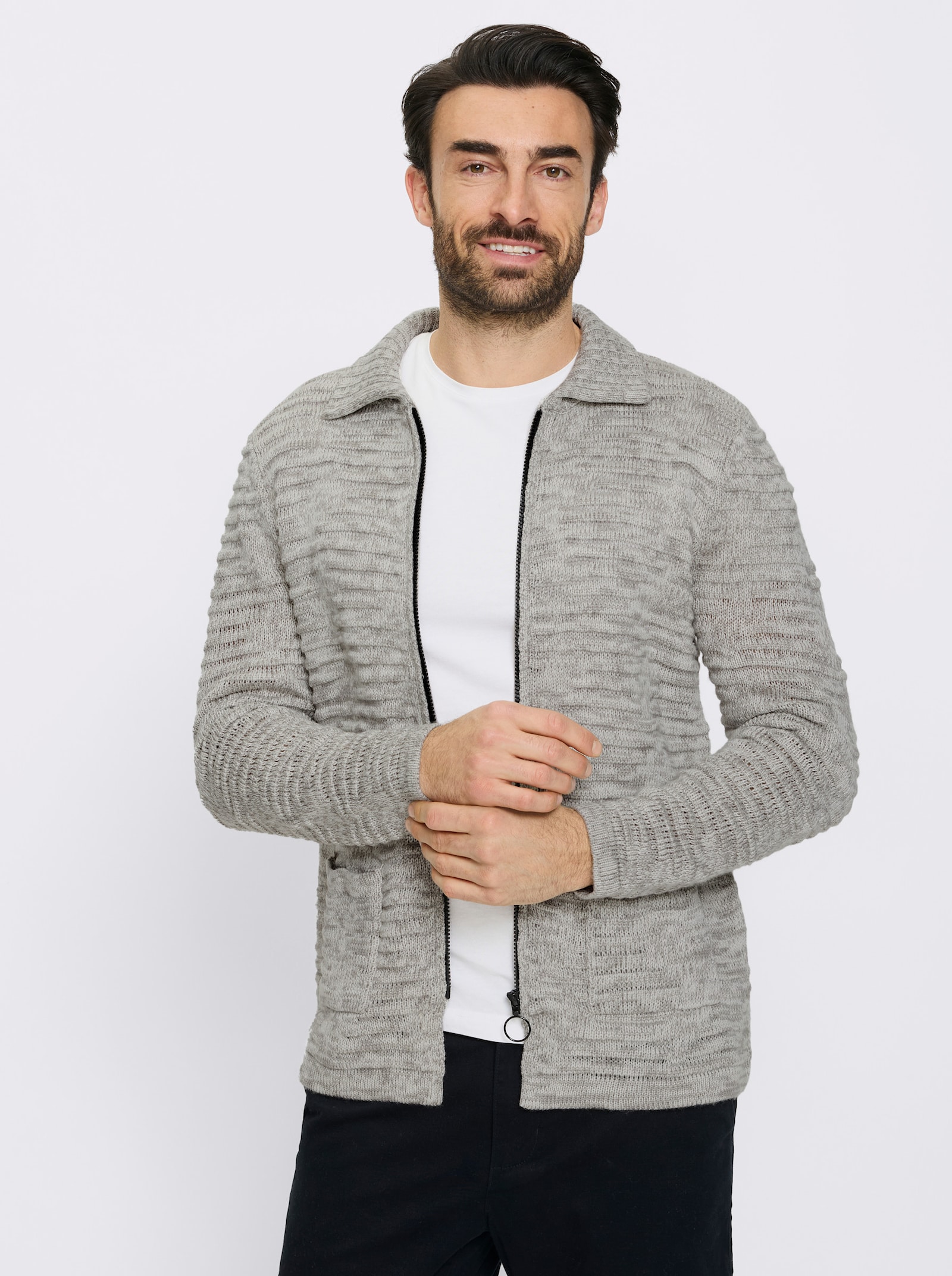 Marco Donati Strickjacke in längerer Form - ecru-steingrau-meliert