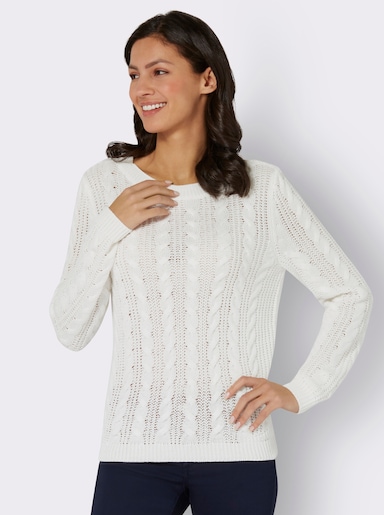 Rundhalspullover mit Zopfmuster - ecru