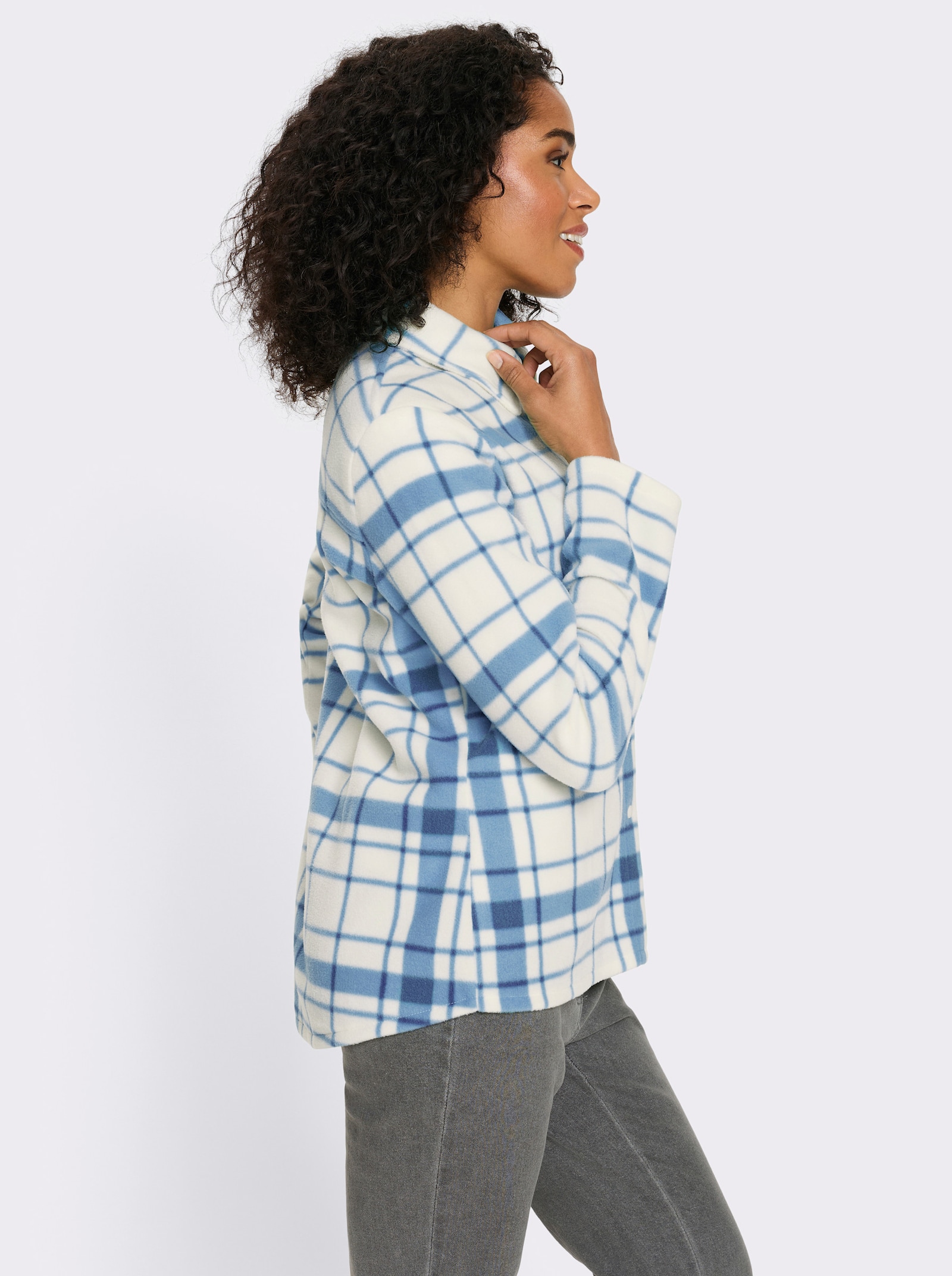 Fleecejacke mit längerem Saum im Rückteil - eisblau-champagner-kariert