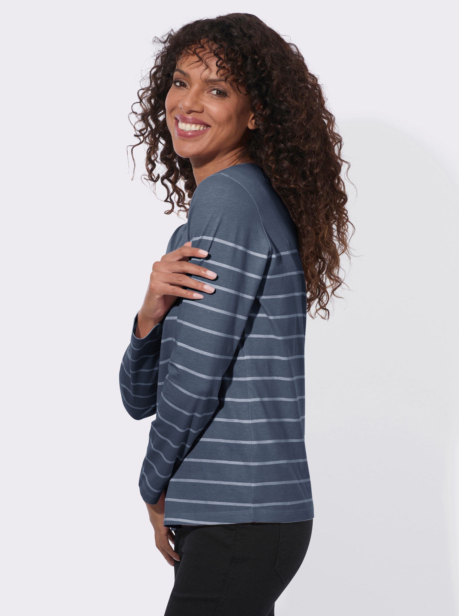Ringelshirt aus reiner Baumwolle - rauchblau-ecru