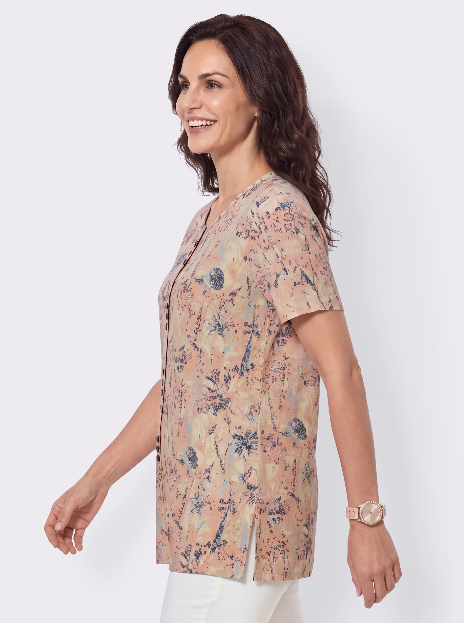 Longshirt mit Zierknöpfen - sand-bleu-bedruckt