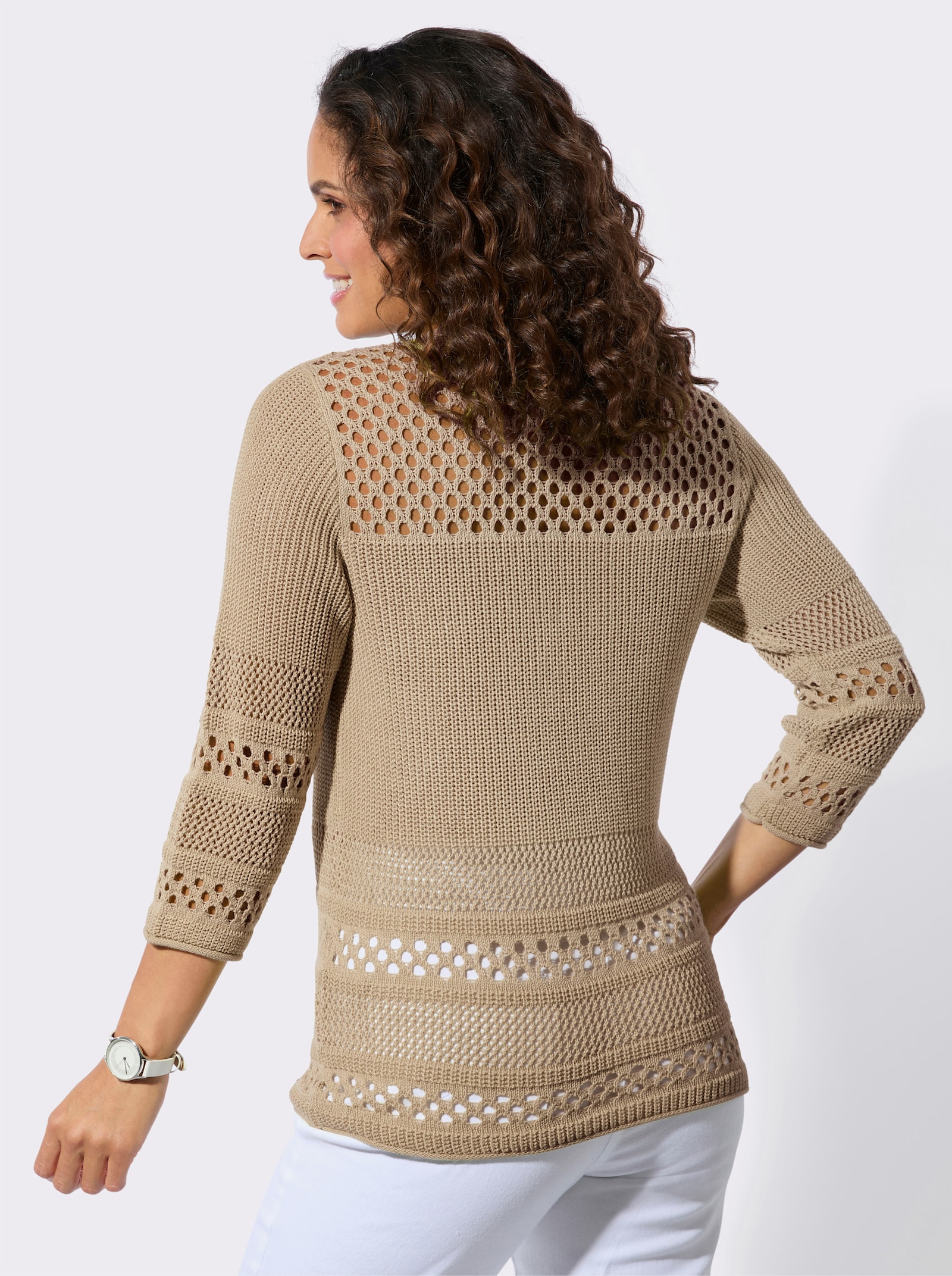 Ajourpullover mit Rollkanten - beige