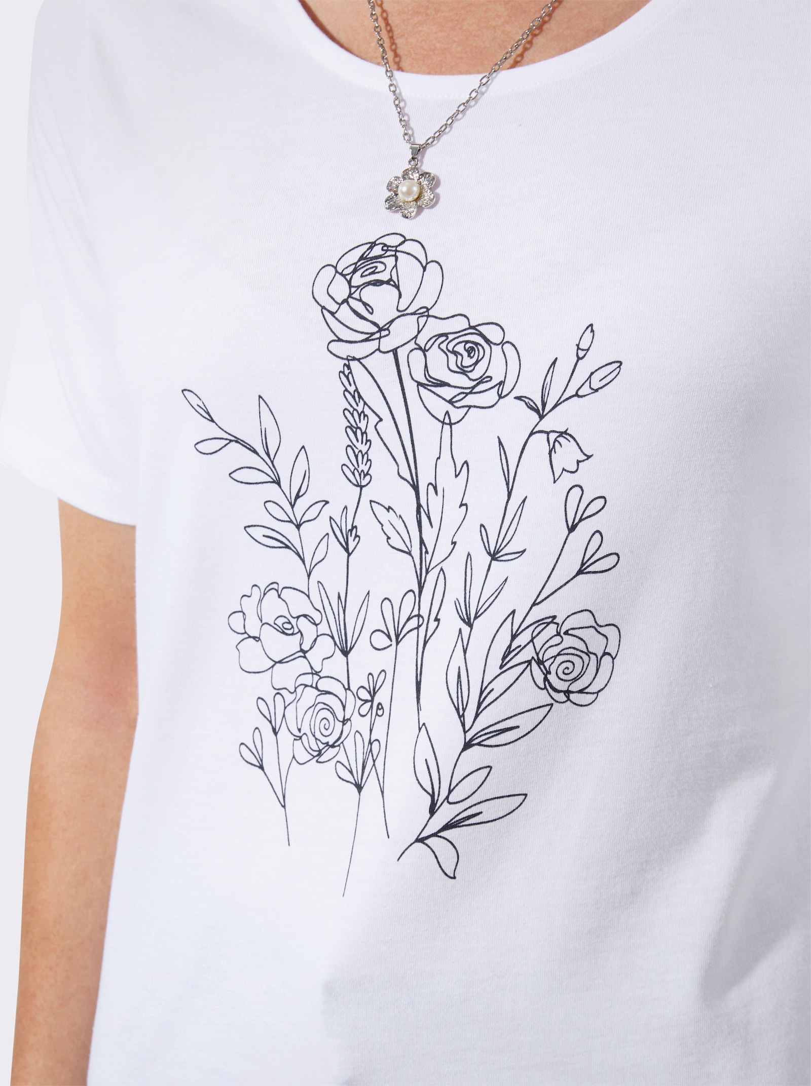 Rundhalsshirt mit Blüten-Print - weiß
