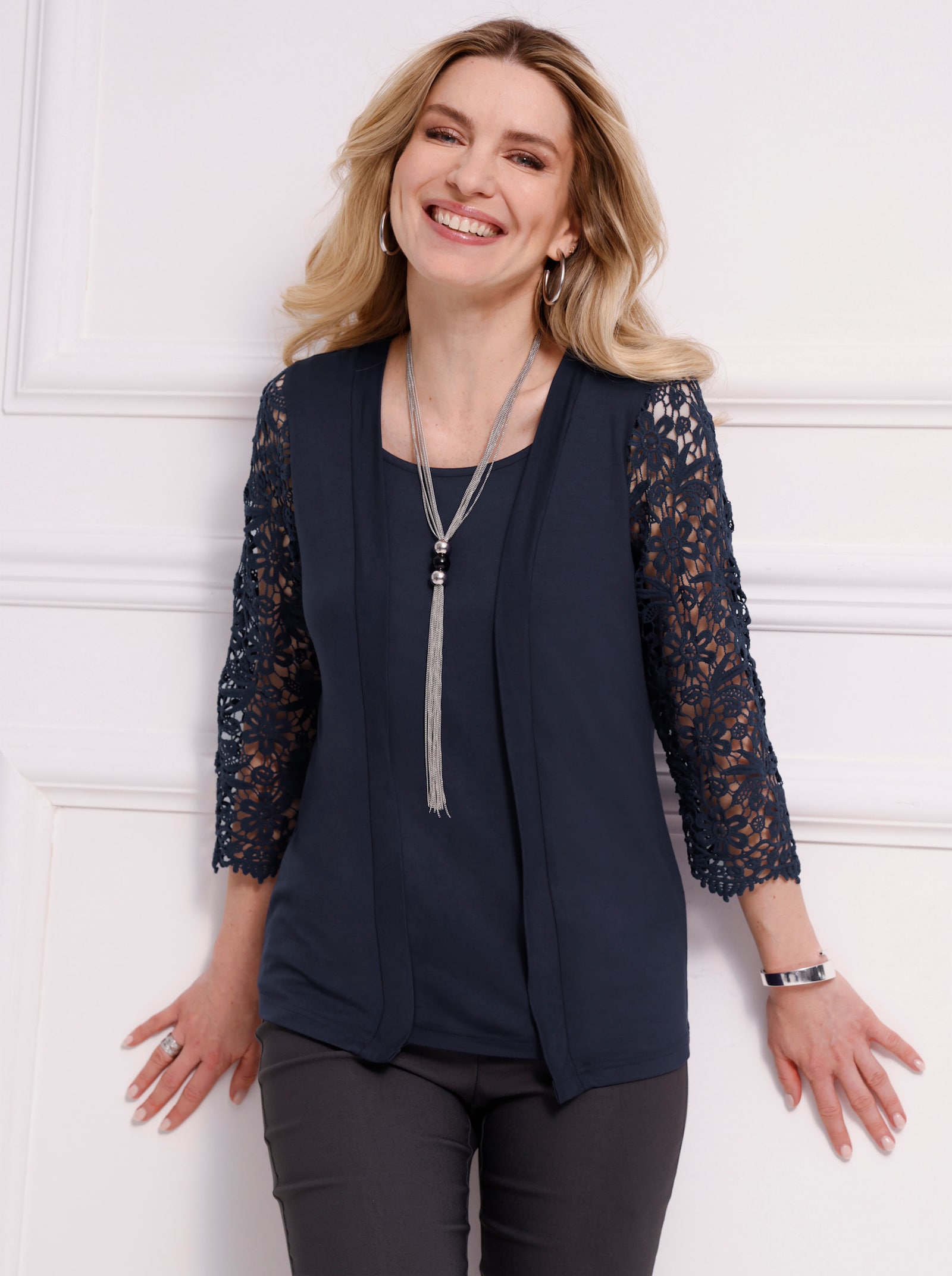 2-in-1-Shirt mit Ärmeln aus Spitze - marine