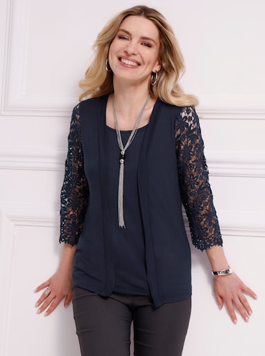 2-in-1-Shirt mit Ärmeln aus Spitze - marine