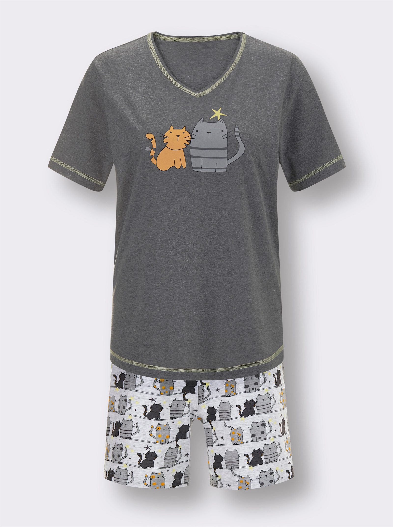 wäschepur Shortama met kattenmotief - antraciet/grijs geprint