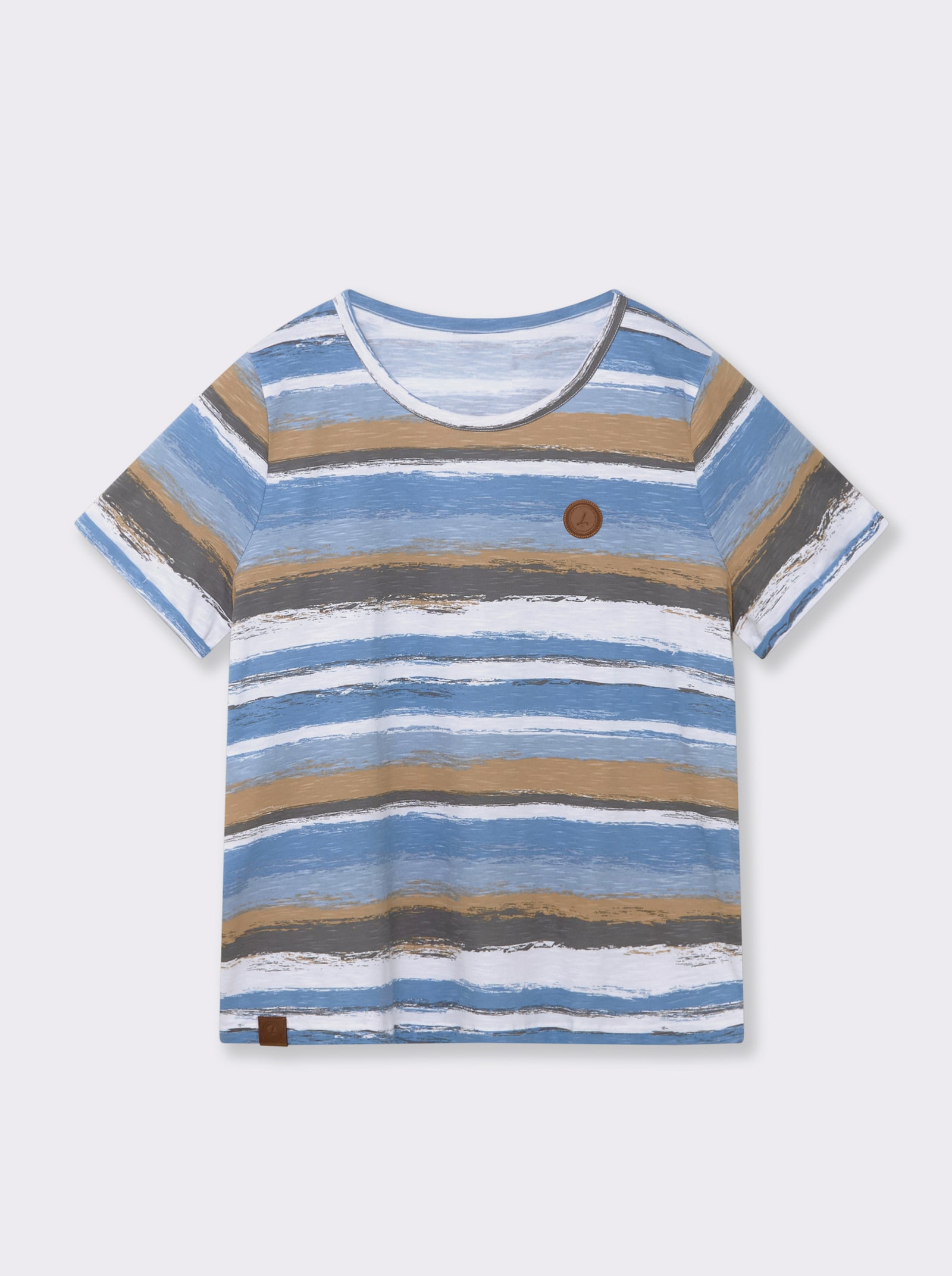 Streifenshirt mit Lederimitat-Details - mittelblau-camel-bedruckt