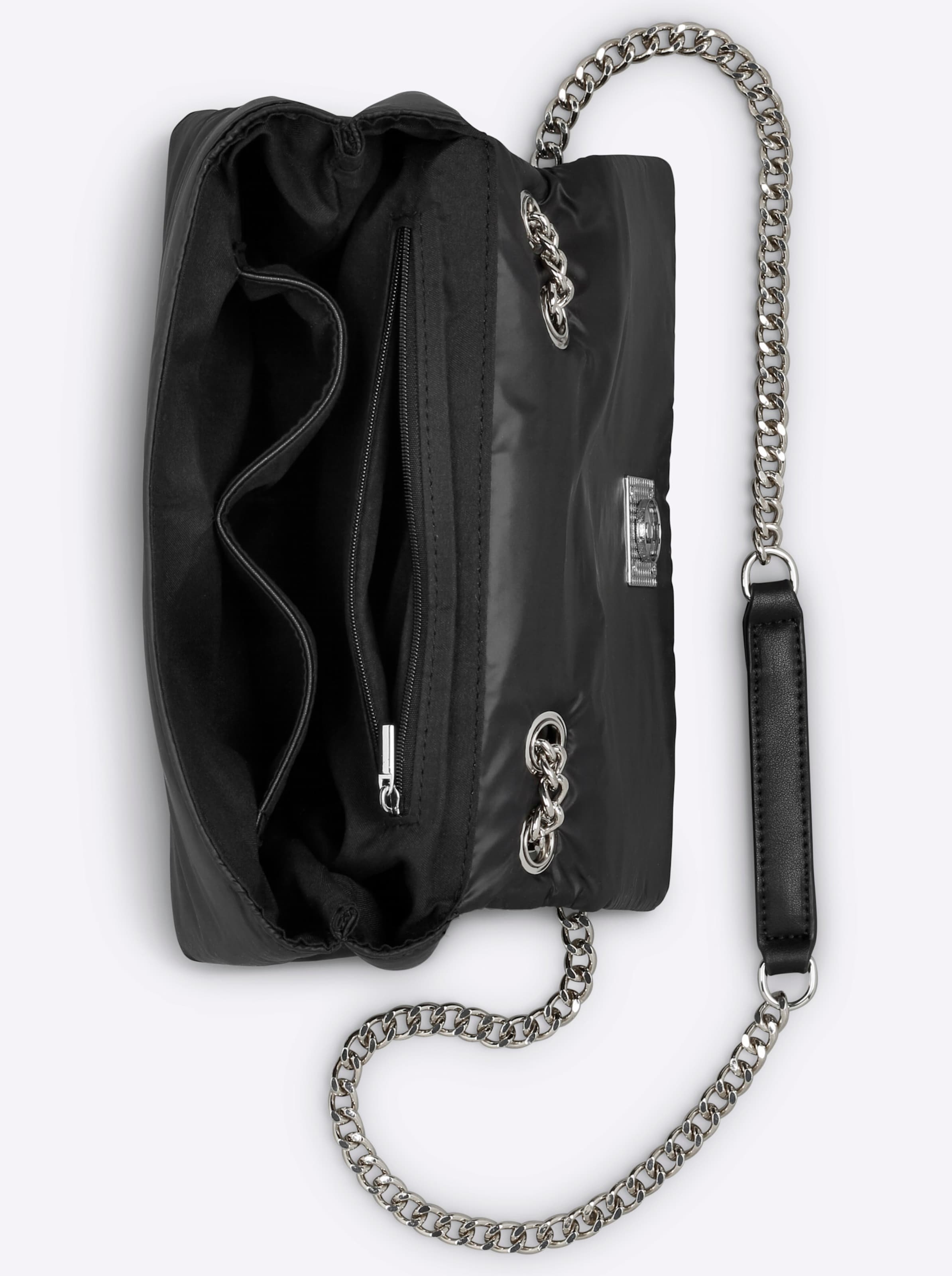 Cher günstig Kaufen-Tasche in schwarz von heine. Tasche in schwarz von heine <![CDATA[Tasche Modischer Begleiter mit variablem Kettenriemen für flexible Tragemöglichkeiten. Überschlag mit dekorativem Magnetverschluss. 2 Steckfächer und 1 Reißverschlussfach innen. Aus Sy