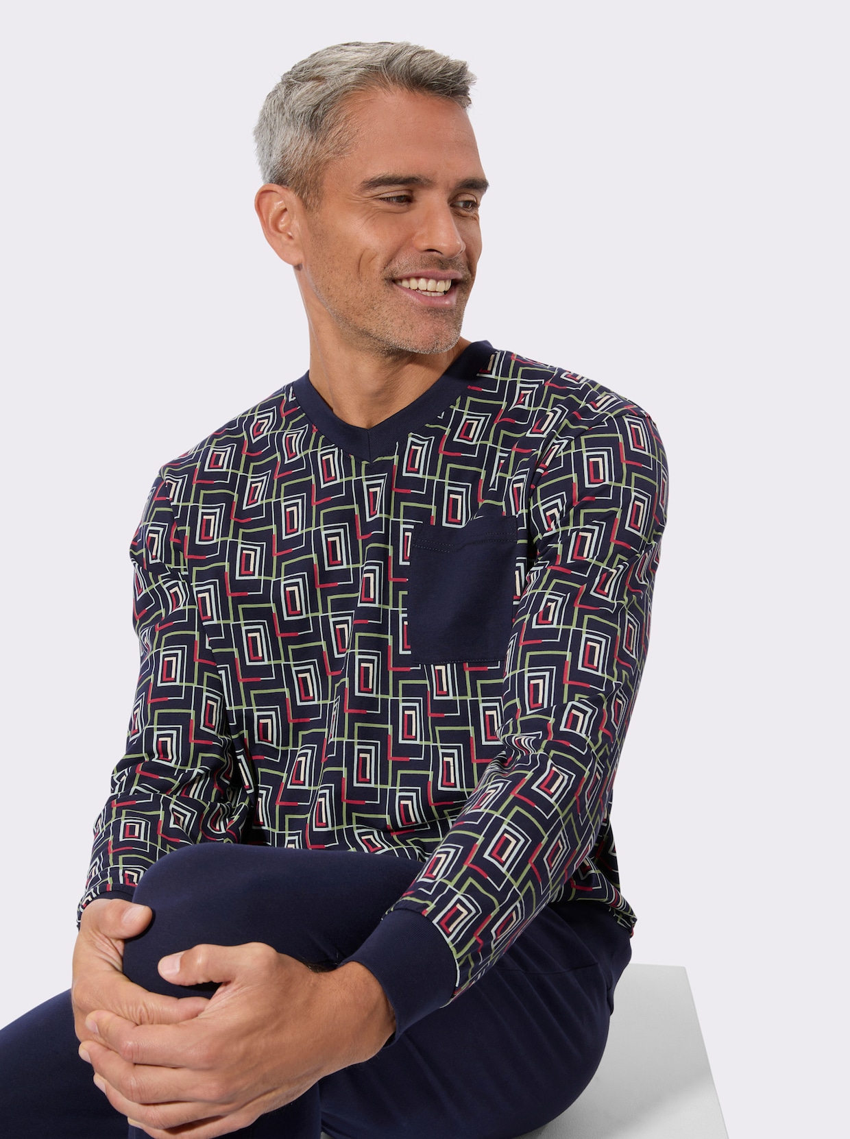 Pyjama met top met grafisch patroon - marine/rood geprint