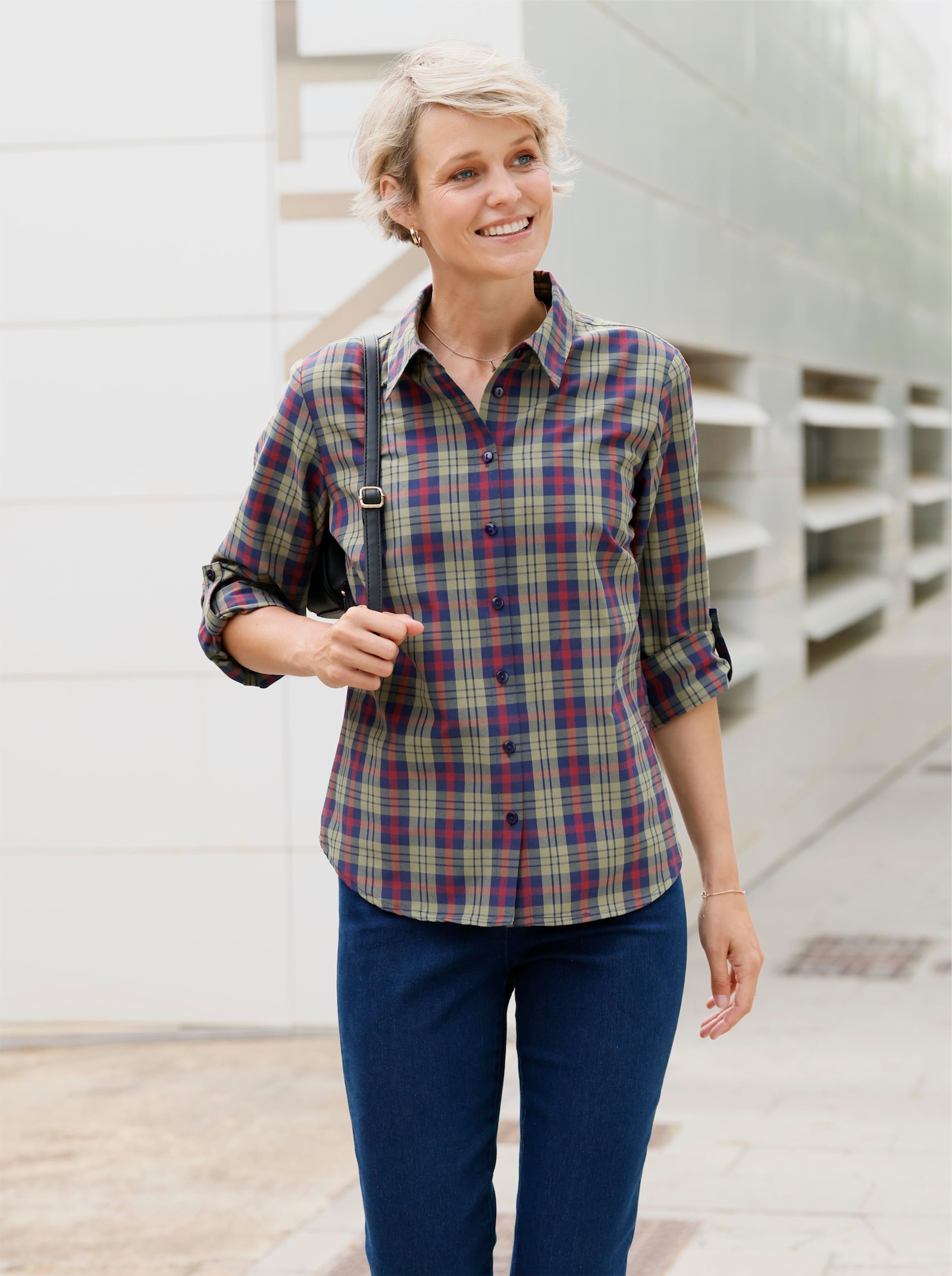 Halenka s dlouhým rukávem s tkaným kostkovaným vzorem - khaki-námořnická modrá-kostka