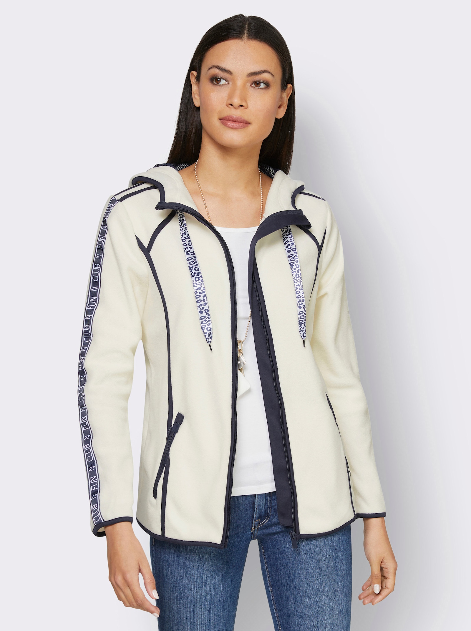 Fleecejacke mit kontrastfarbiger Paspelierung - ecru-marine