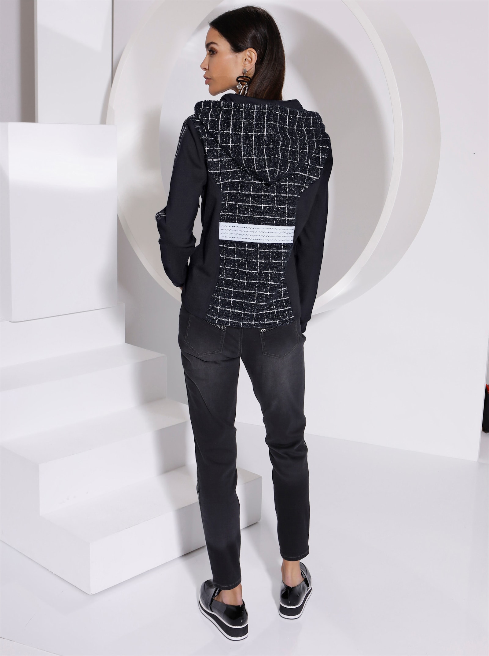 Shirtjacke im Materialmix - schwarz-ecru-gemustert