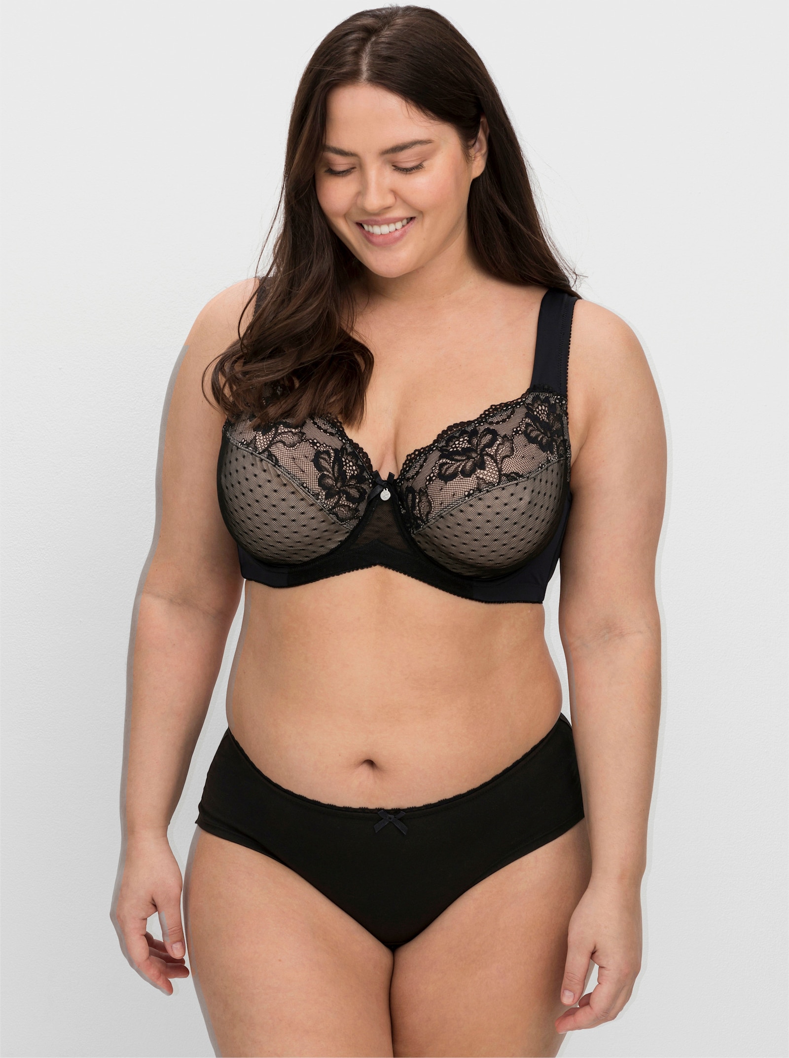 sheego Bügel-BH mit Spitze und Kontrastfutter - schwarz + taupe