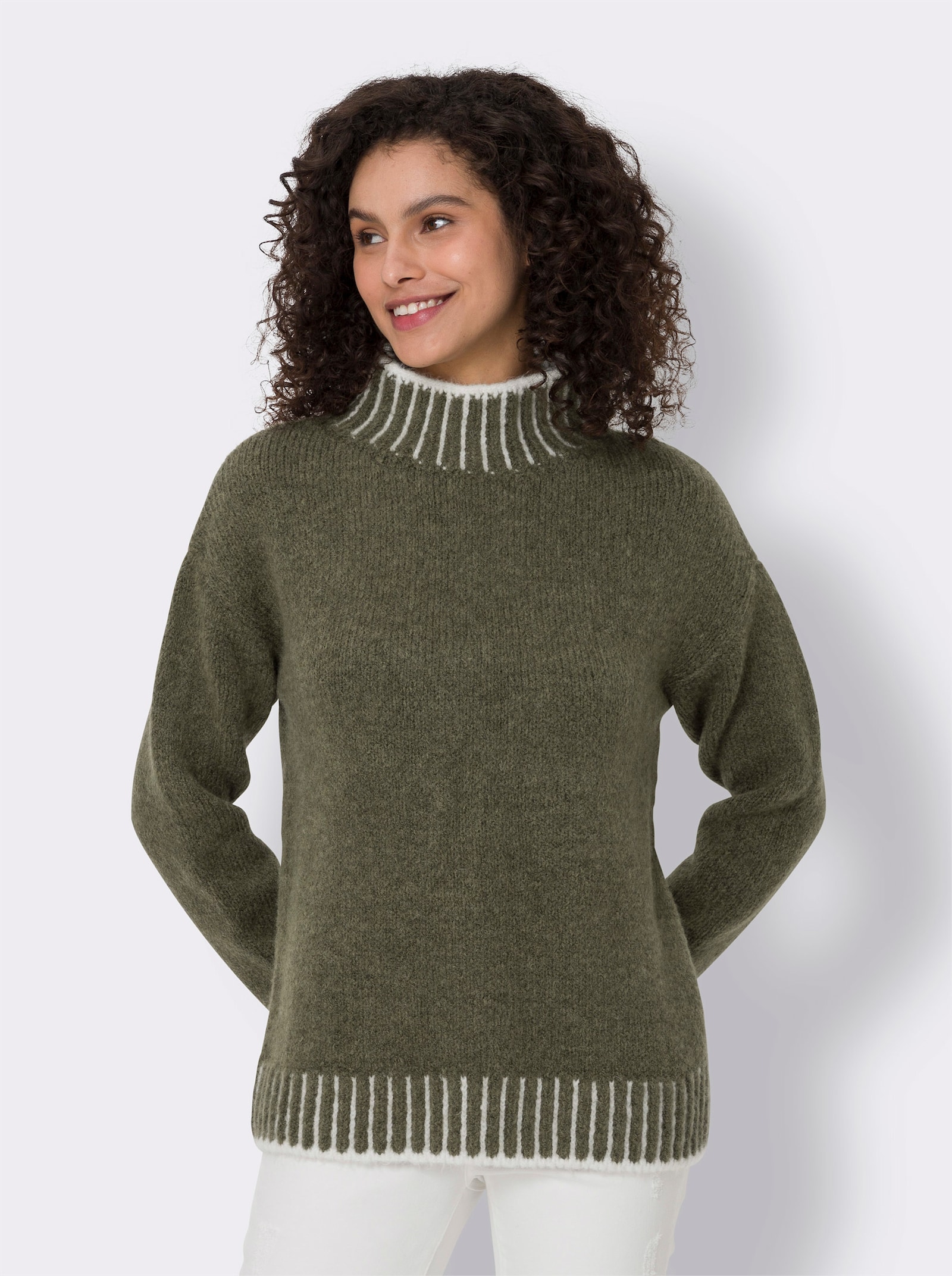 heine Stehkragenpullover mit Kontraststreifen - khaki-ecru-meliert