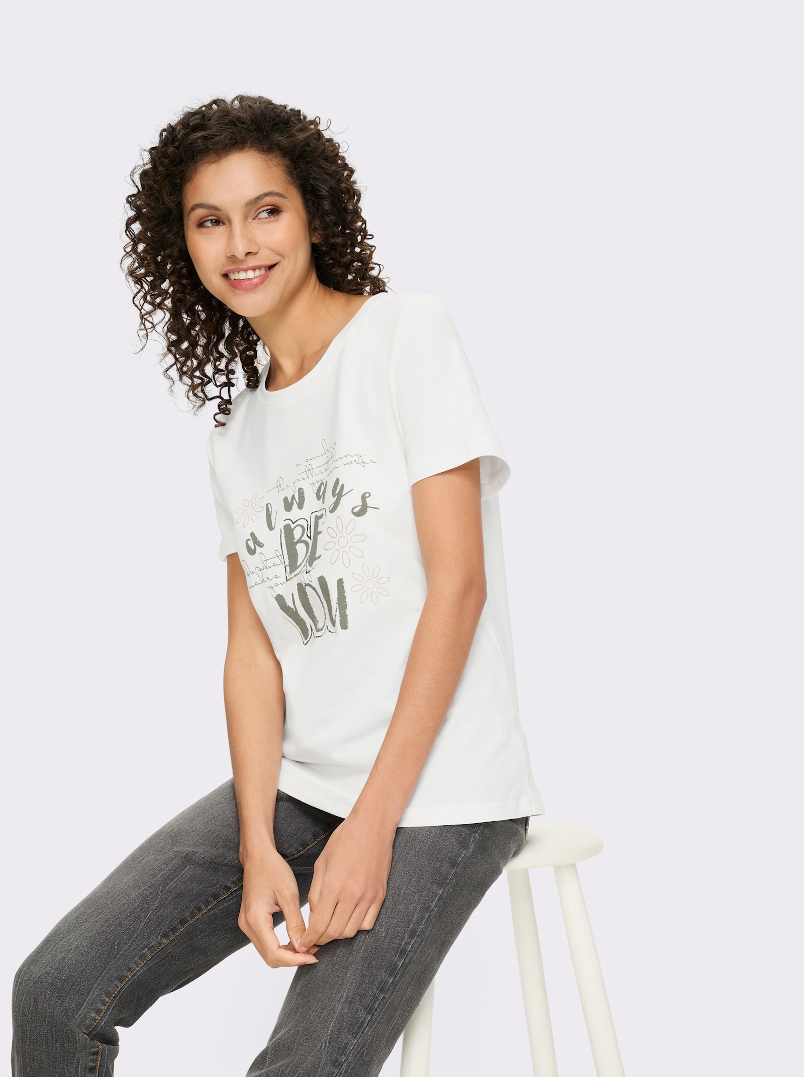 heine Kurzarmshirt mit glänzendem Schriftzug - ecru