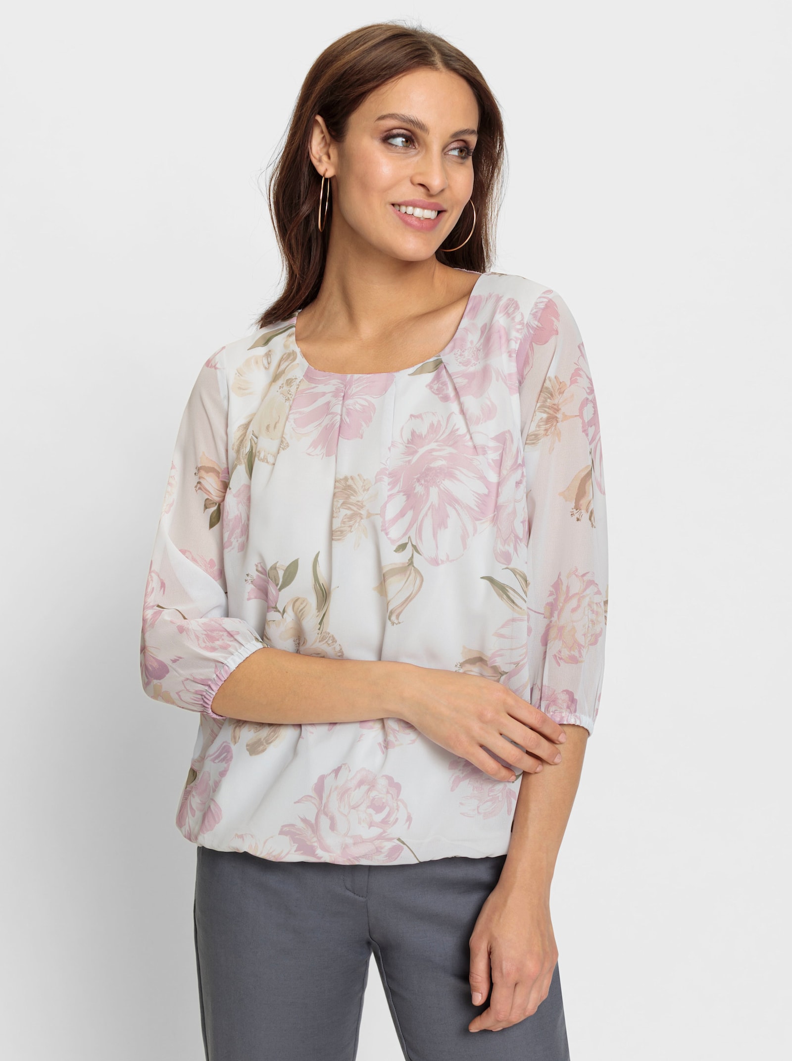 Comfortblouse met bloemenpatroon - ecru/roze geprint