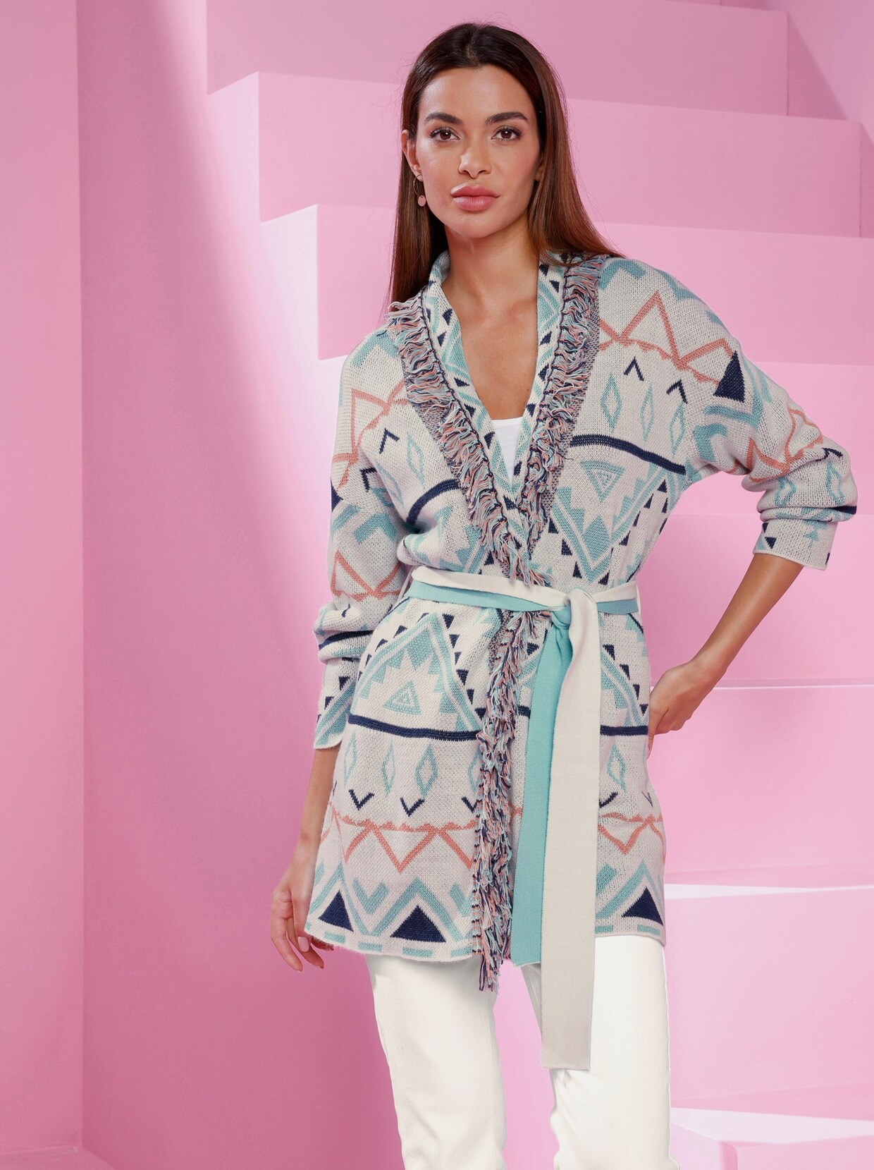 Rick Cardona Strickjacke - ecru-dunkelblau-gemustert