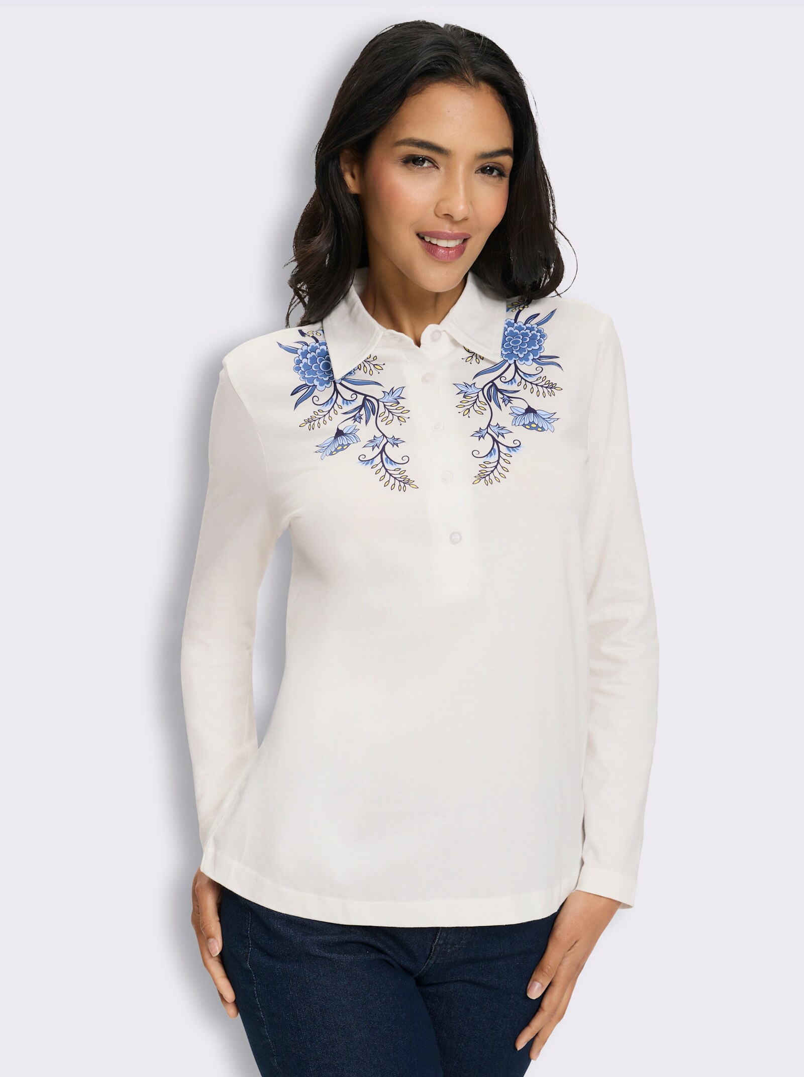 Poloshirt mit kurzer Knopleiste - ecru-jeansblau-bedruckt