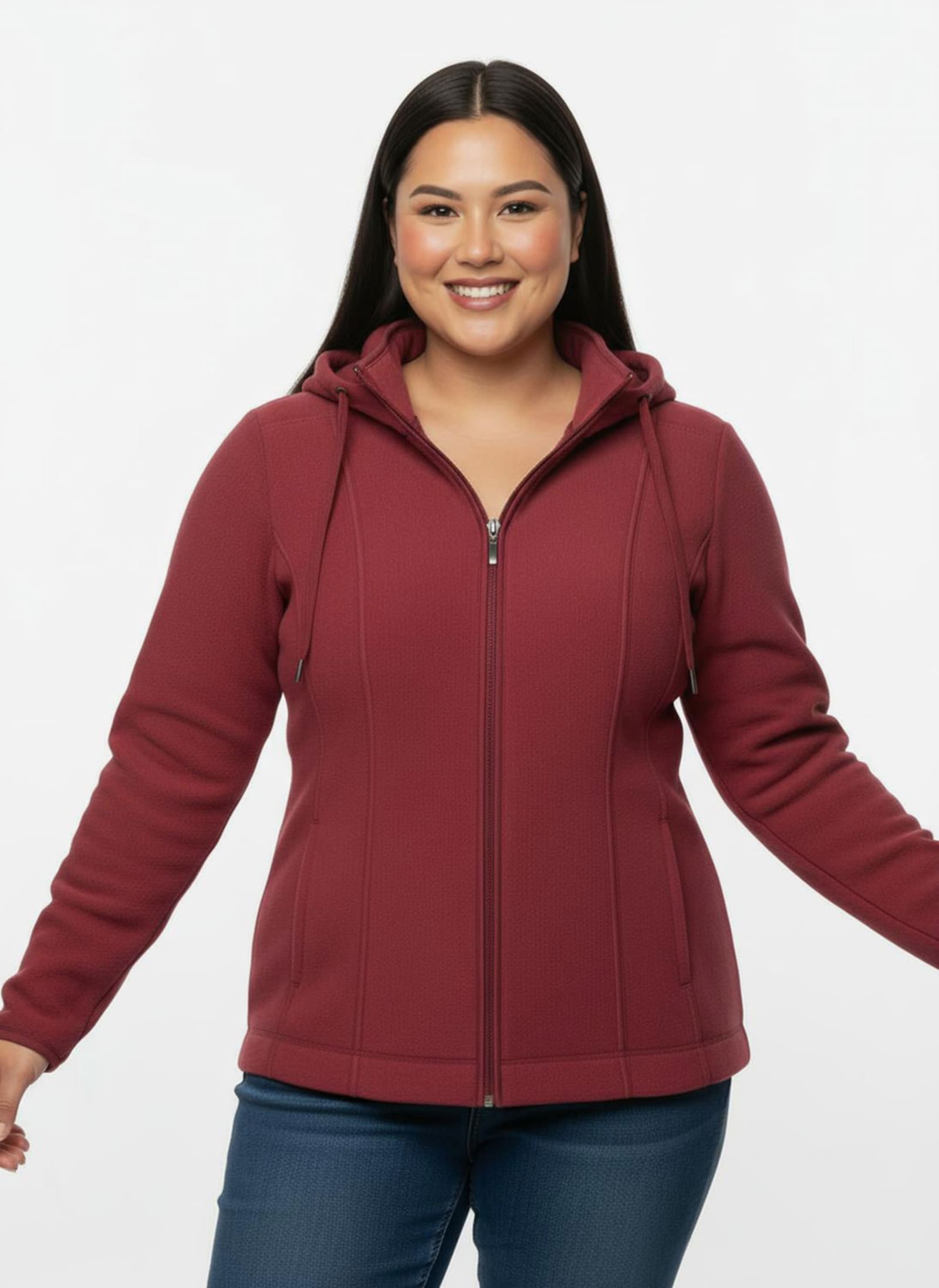 Fleecejacke mit abnehmbarer Kapuze - kirschrot