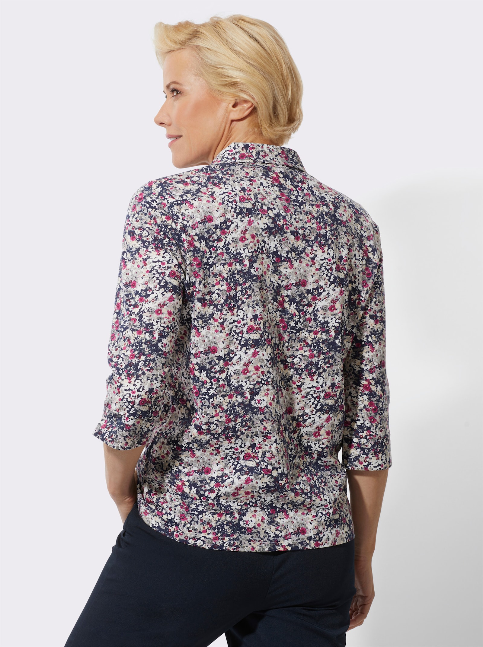 Poloshirt met glittersteentjes op de kraag - marine/heide bedrukt