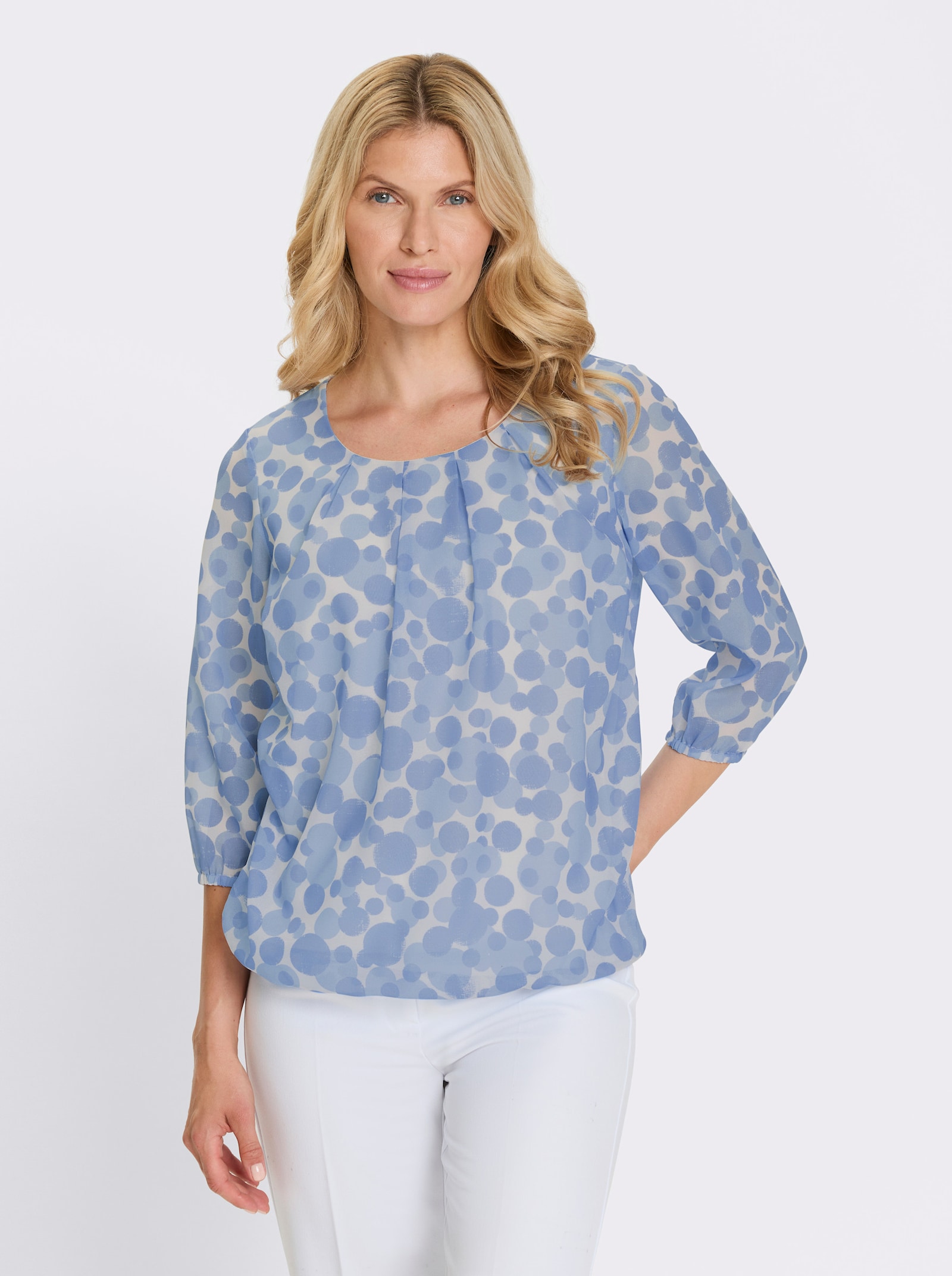 Schlupf-Bluse im Tupfen-Dessin - ecru-himmelblau-bedruckt